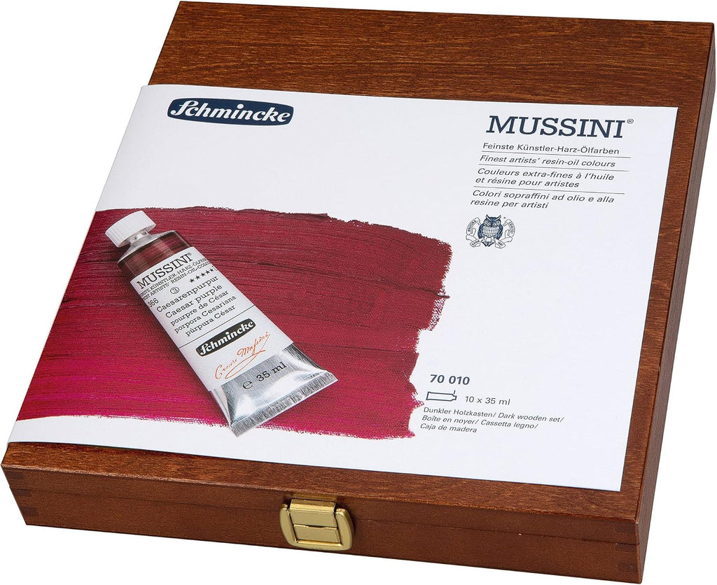 Schmincke - MUSSINI® finest resin oil colors, 10 x 35 ml set, 70 010 097, wooden box walnut-tinted, resin oil color based on recipes of old masters