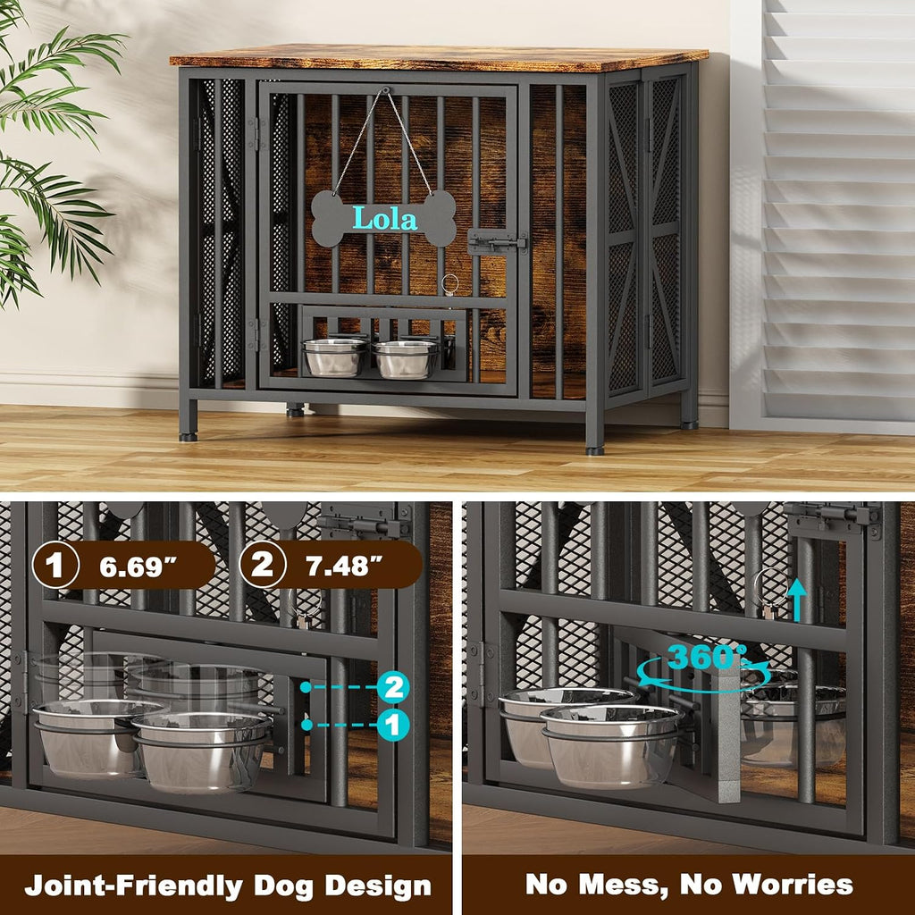 Easycom Dog Crate Furniture, 31.5' Assembly-Free Dog Crates for Small & Medium Dogs, Foldable Dog Kennel Indoor with Tag & Adjustable Dog Bowls, Wooden Dog Cage Use as End Table, Rustic Brown