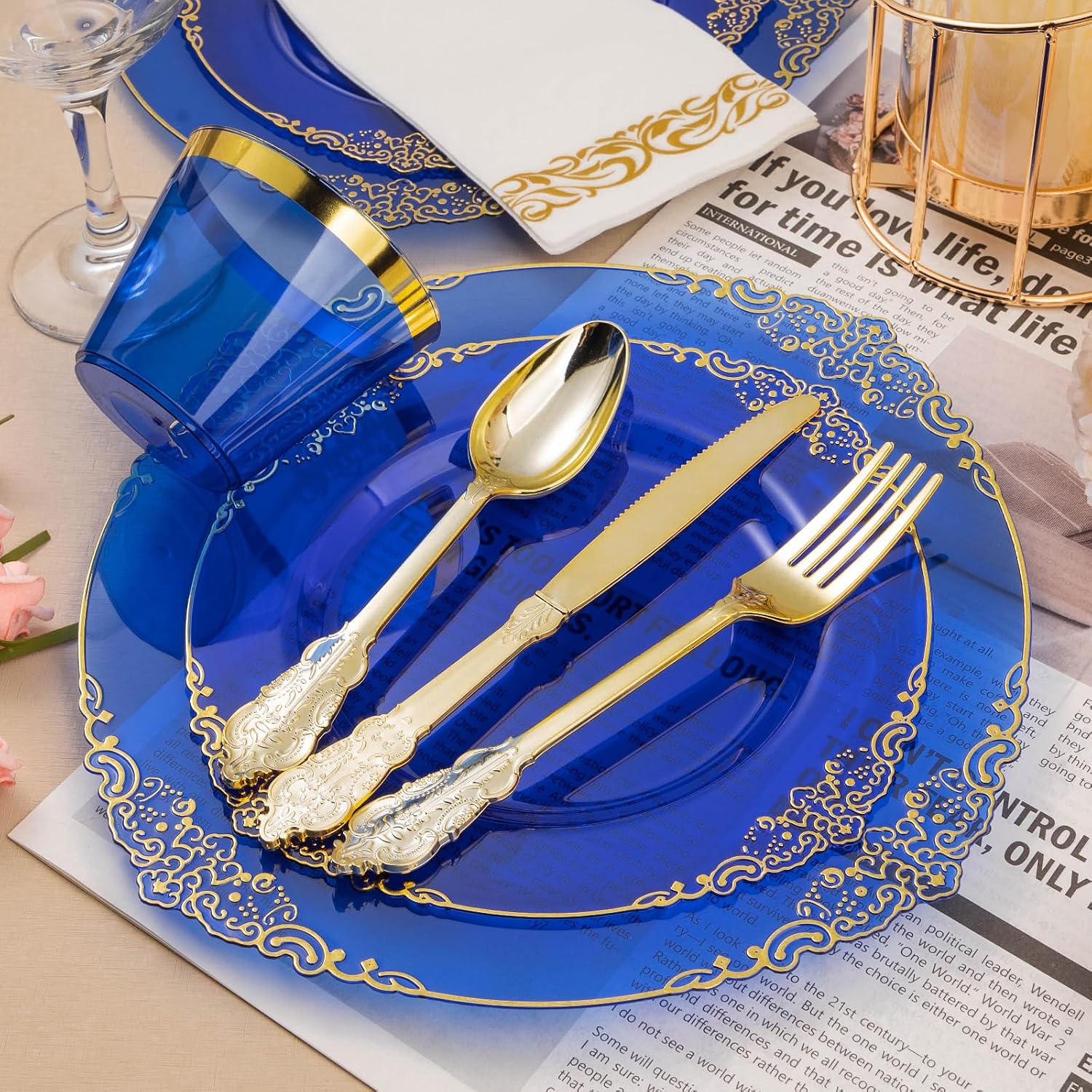 Bestluck 700PCS Clear Blue Plastic Plates for 100 Guests, Disposable Plates with Gold Trim include 100 Dinner plates, 100 Dessert Plates, 100 Gold Silverware, Cups and Napkins for Party, Graduation