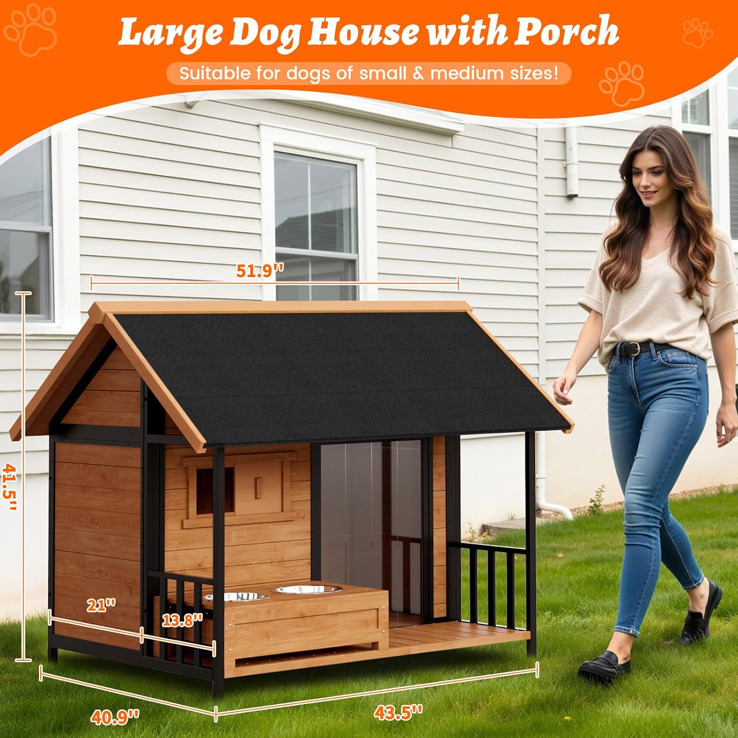 51'' Dog House with Dog Bowls Stand, Large Outdoor Dog House Kennel with Weatherproof Roof, Easy to Install Anti-Bite Design Dog Home for Outside Small Medium Large Dogs(Brown)