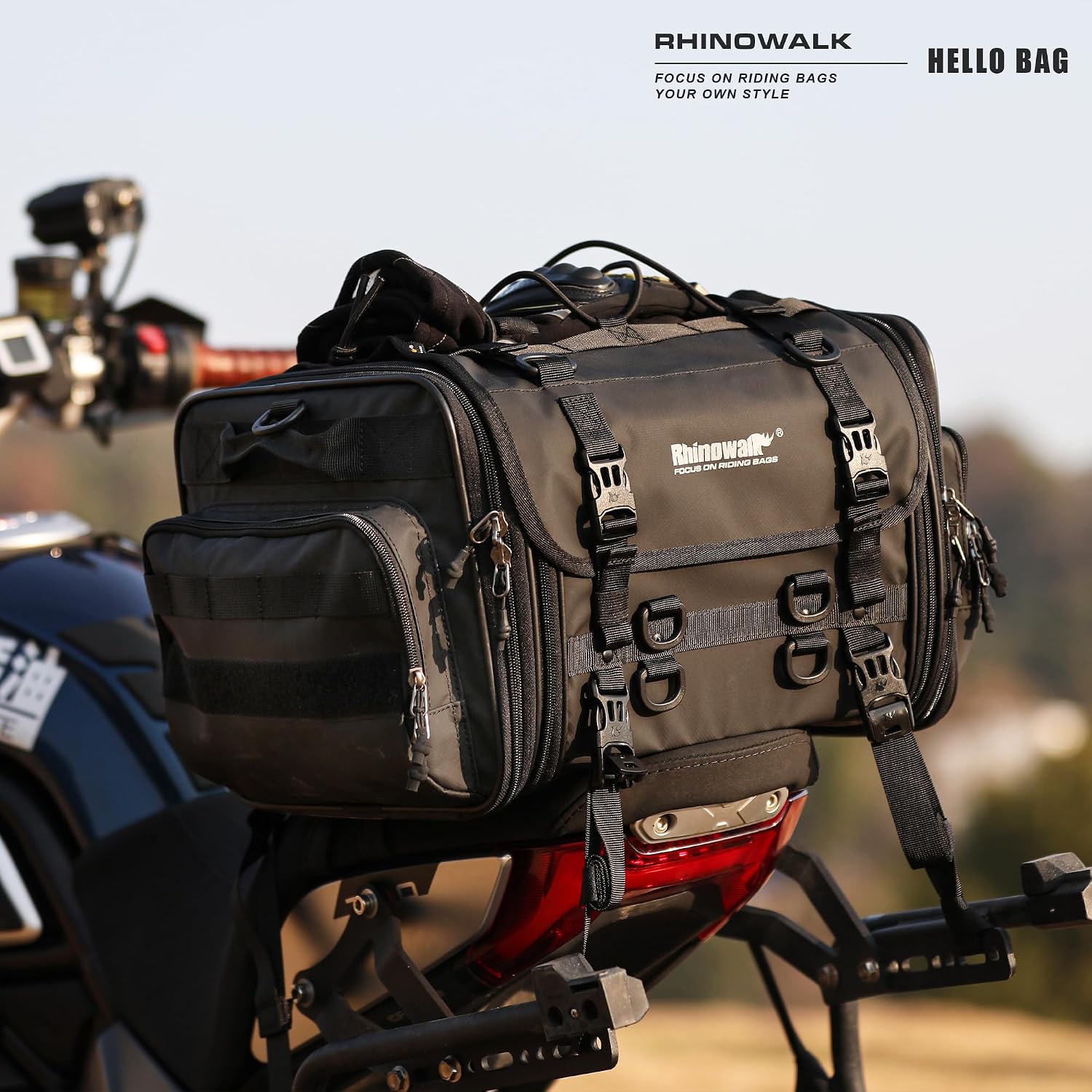 Rhinowalk Motorcycle Tail Bag, Expandable Motorcycle Travel Luggage Bags 80L, Waterproof All-Weather Trunk Rack Bag with Sissy Bar Straps & Helmet Rain Cover-Black