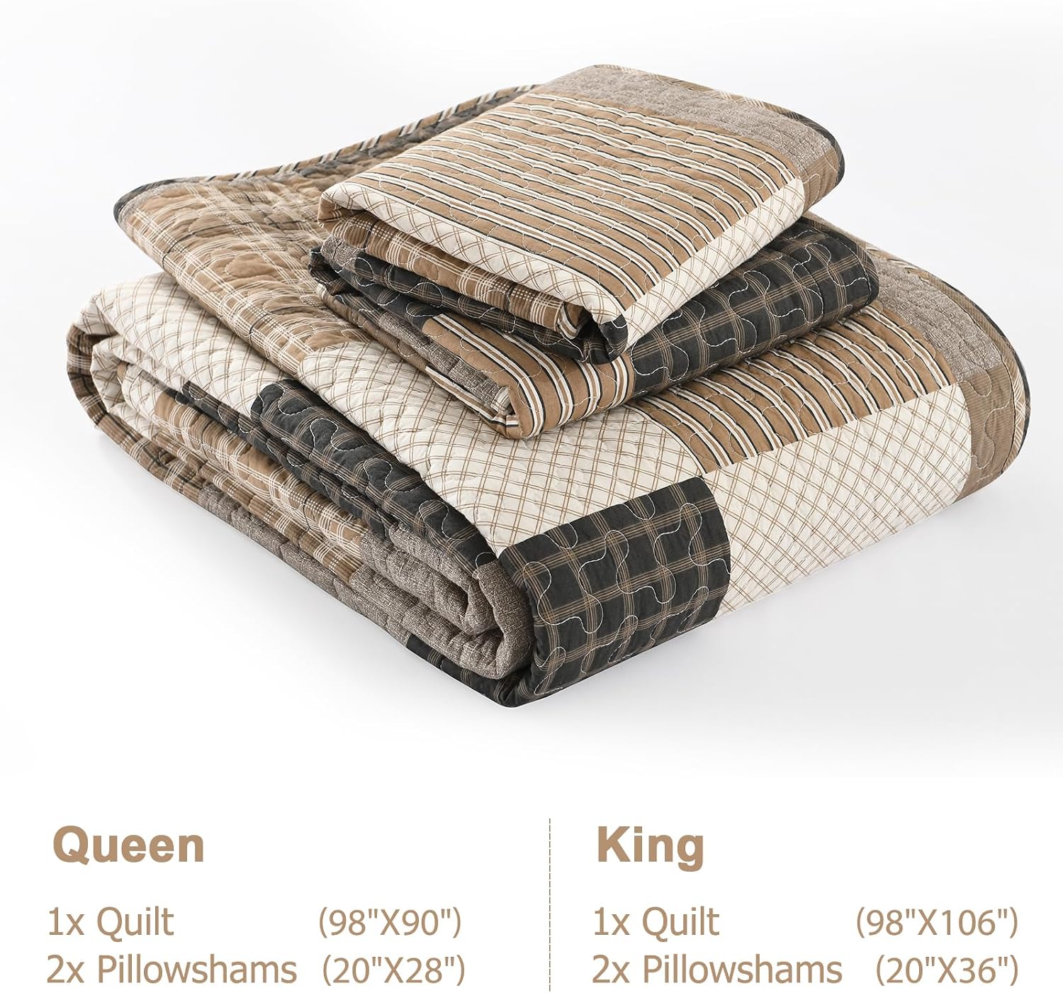 Finlonte Queen Size Quilt Set, Farmhouse Plaid Queen Comforter, Cotton Quilted Bedspread, Charcoal Beige Brown Lightweight Comforter Bedding Set for All Season, 3-Piece