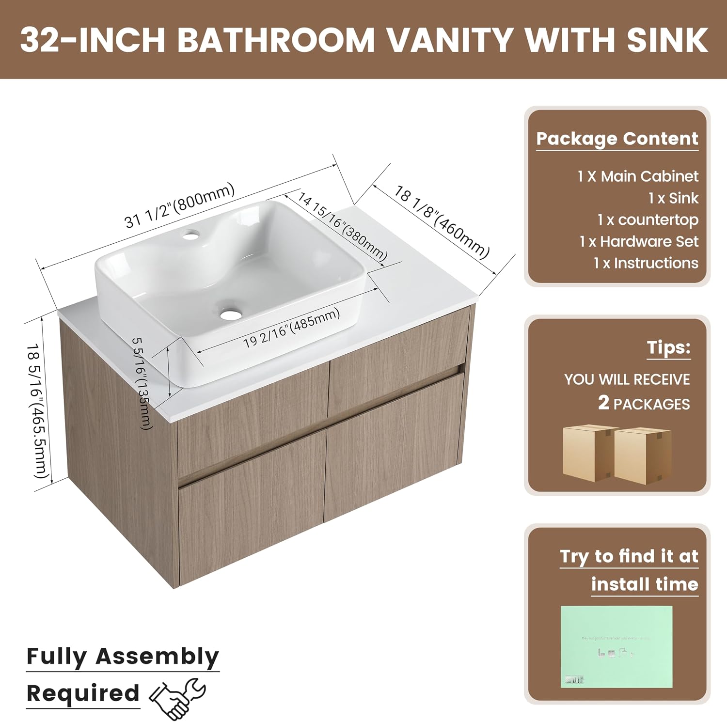 32 Inch Floating Bathroom Vanity with Sink, Modern Wall Mounted Cabinet, Ceramic Vessel Basin, 2 Soft Close Doors and 2 Drawer, Light Walnut