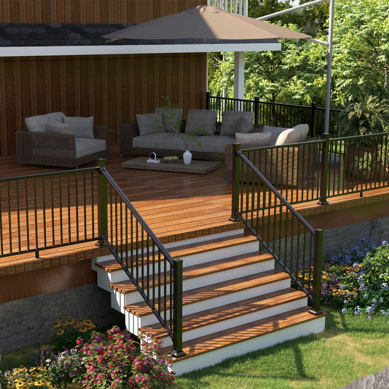 36 in. H x 6 ft. Heavy Duty BH Aluminum Straight Picket Railing, Porch and Deck Railing Kit Supports Up to 800 Lbs, IBC Compliant and Certified, AAMA2604 Powder Coating, Textured Black