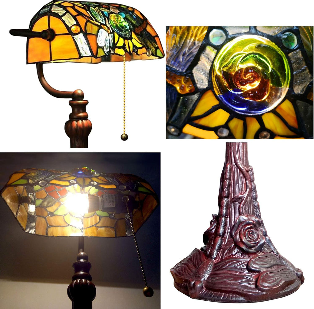 Tiffany Lamp Stained Glass Table Lamp for Living Room Side Dragonfly Piano Lamp Small 15.5' Tall Bedroom Bedside Table Lamp Chain Switch Banker's Home Office Desk Light Farmhouse Lamps