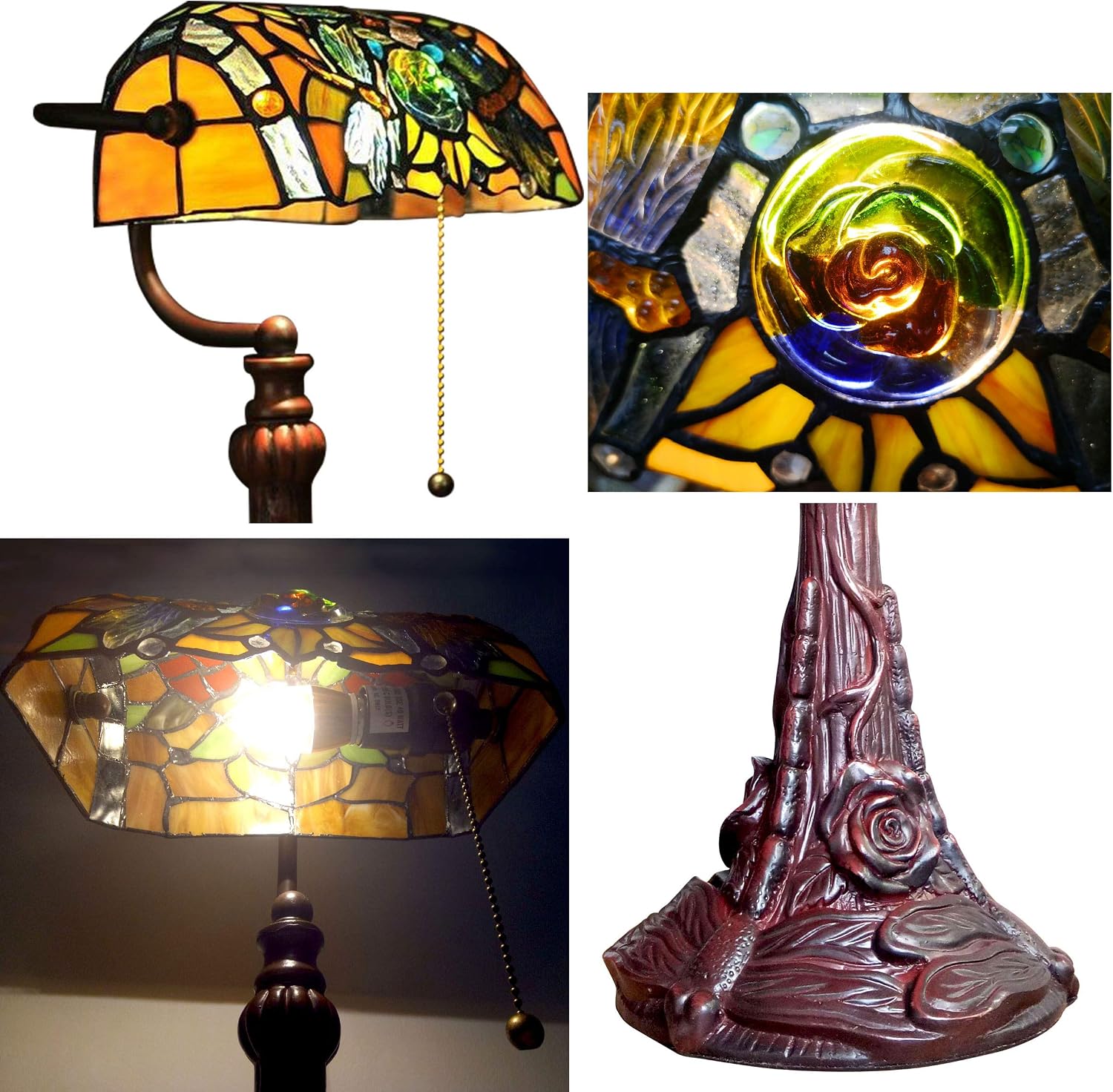 Tiffany Lamp Stained Glass Table Lamp for Living Room Side Dragonfly Piano Lamp Small 15.5' Tall Bedroom Bedside Table Lamp Chain Switch Banker's Home Office Desk Light Farmhouse Lamps