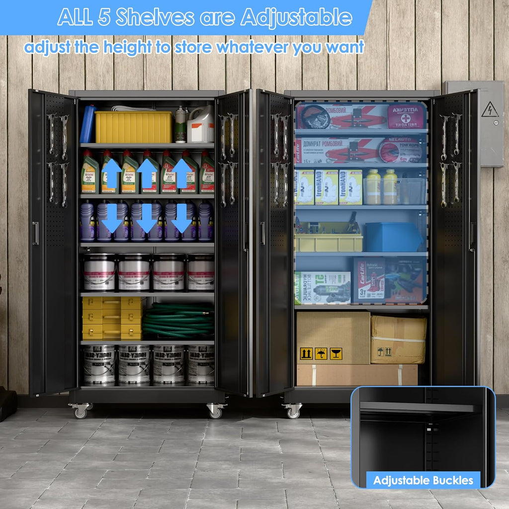 Aobabo Upgraded Garage Storage Cabinets with Wheels,Metal Storage Cabinets with 5 Adjustable Shelves for Garage Home Office Storage, Black,71''H*34''W*18''D,Assembly Required