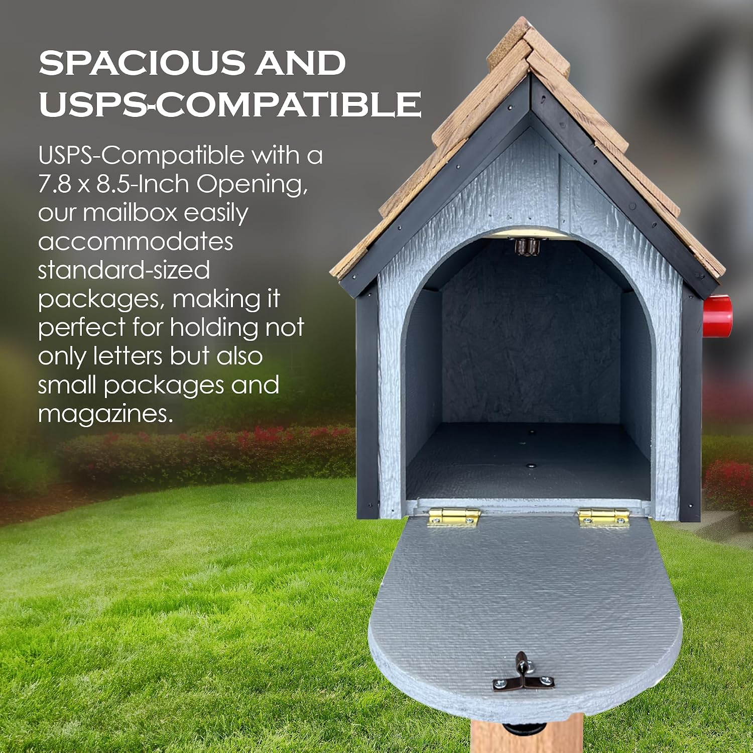 Peaceful Classics Amish Cedar Roof Wooden Mailbox with Window & Door Trim, Handcrafted Mailboxes for Outside, Post Mount Residential Mailboxes - (Red with White Trim)