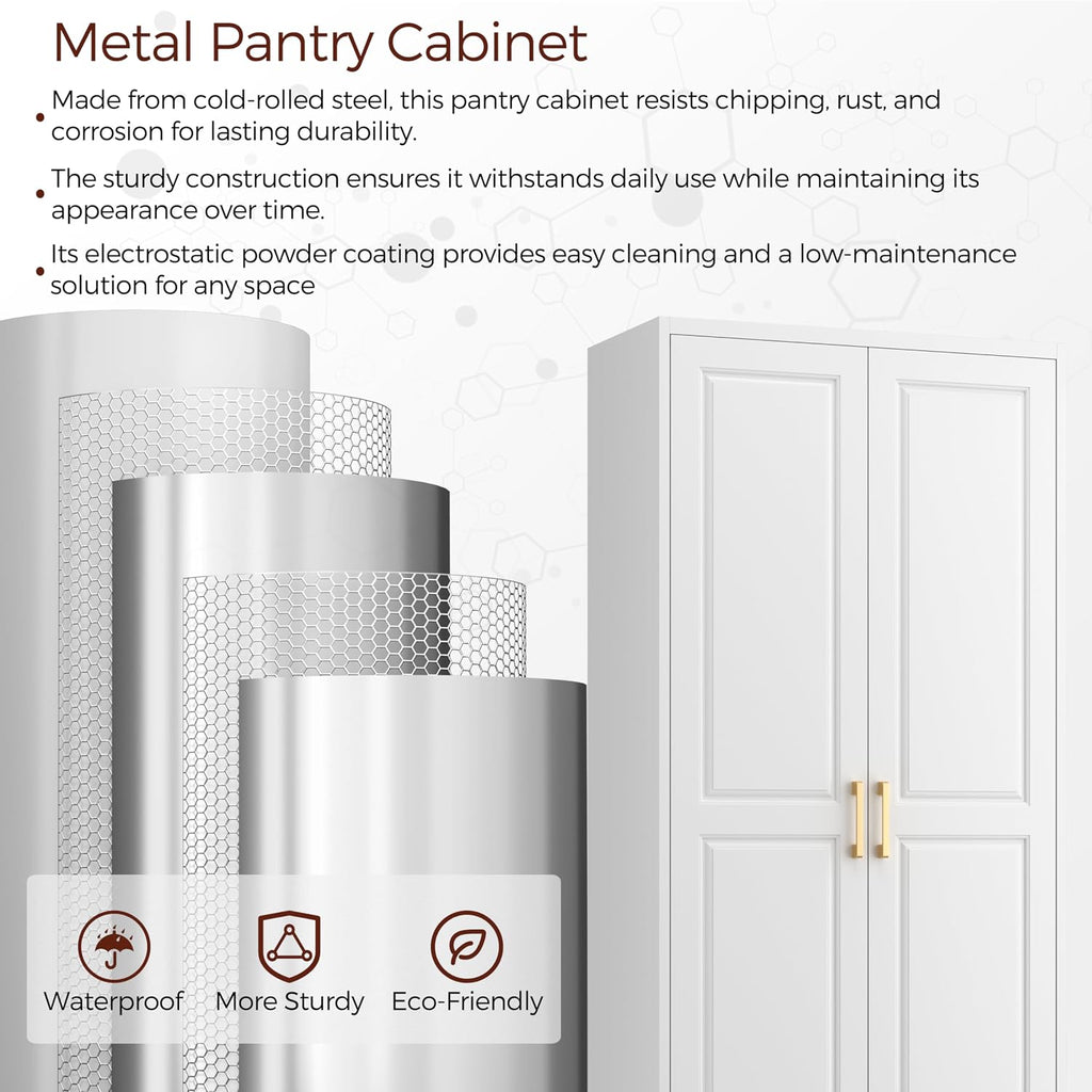 75' Kitchen Pantry Cabinet, White Metal Storage Cabinets with 2 Doors and 4 Adjustable Shelves, Tall Pantry Storage Cabinet for Kitchen, Dining Room, Living Room