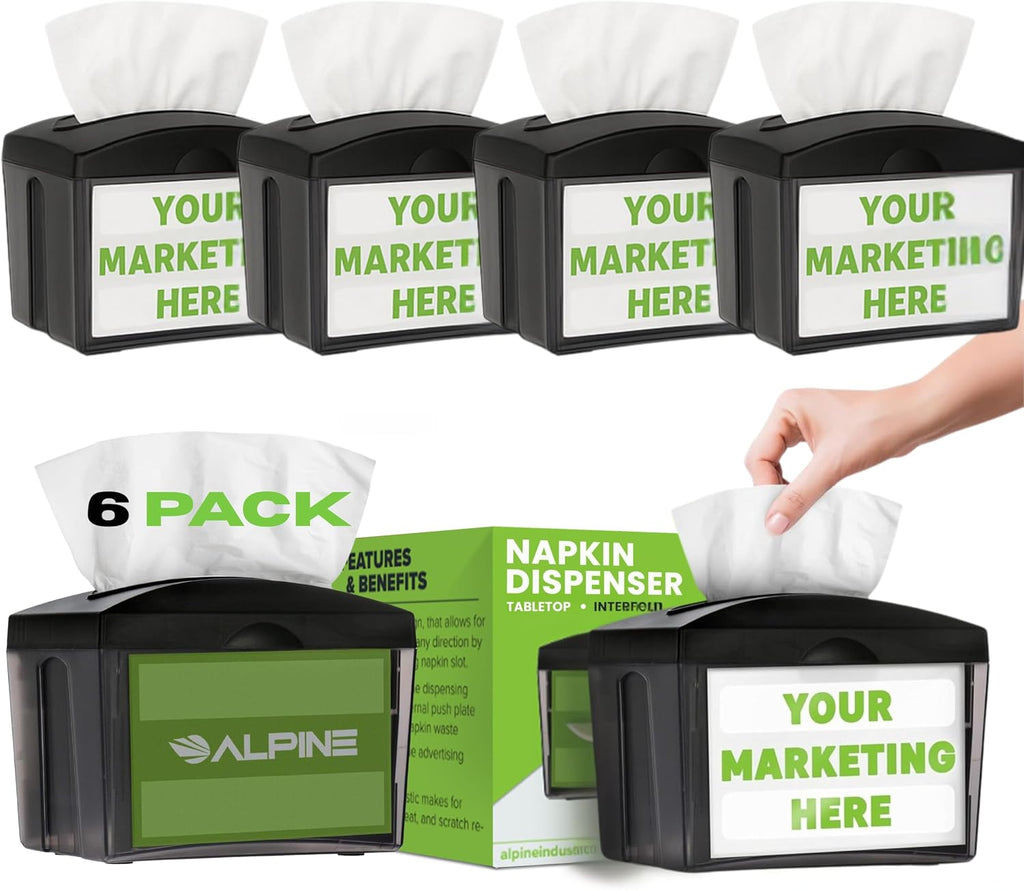 Alpine 6 Pack Tabletop Commercial Napkin Dispenser Restaurant Napkin Holder for Interfold Napkins with 2 Side Marketing Space Insert for Restaurants, Cafeterias, Food Trucks, Clubs - Black