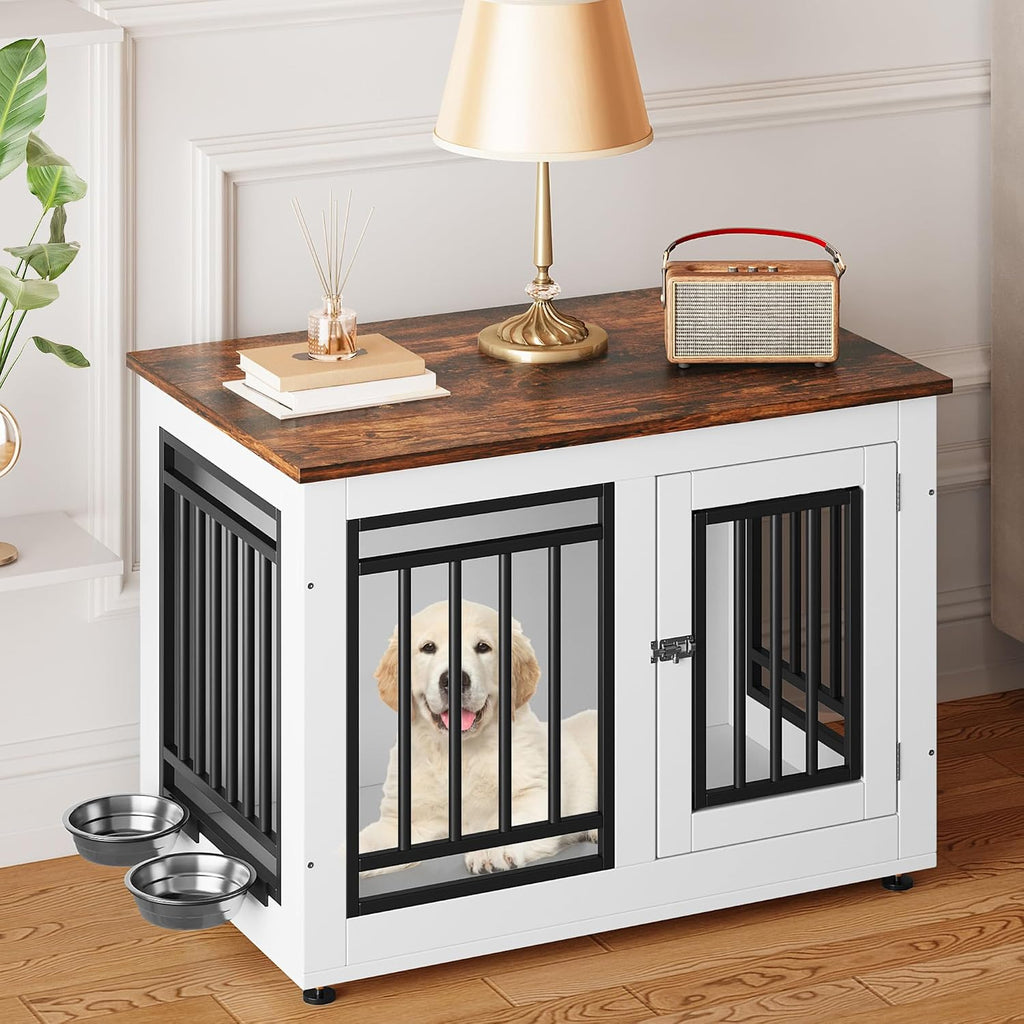 YITAHOME 28' Dog Crate Furniture, Wooden Side End Table with Adjustable Feet and Removable Bowls, Dog Kennel Indoor for Small Dogs