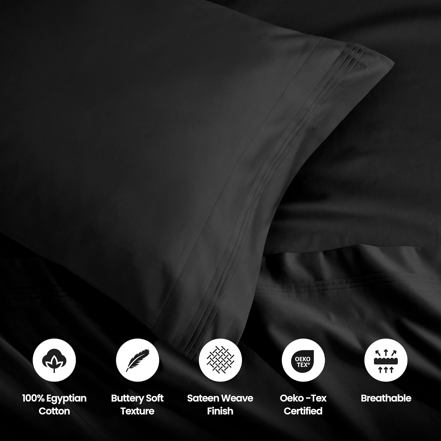 Superior Egyptian Cotton 4 Piece Sheet Set, Luxury 1500 Thread Count, Modern Design, Sustainable Sheets, Ultra-Soft Basics, Solid, Deep Pocket Fitted Sheet, Flat Sheet, Pillowcases, Queen, Black