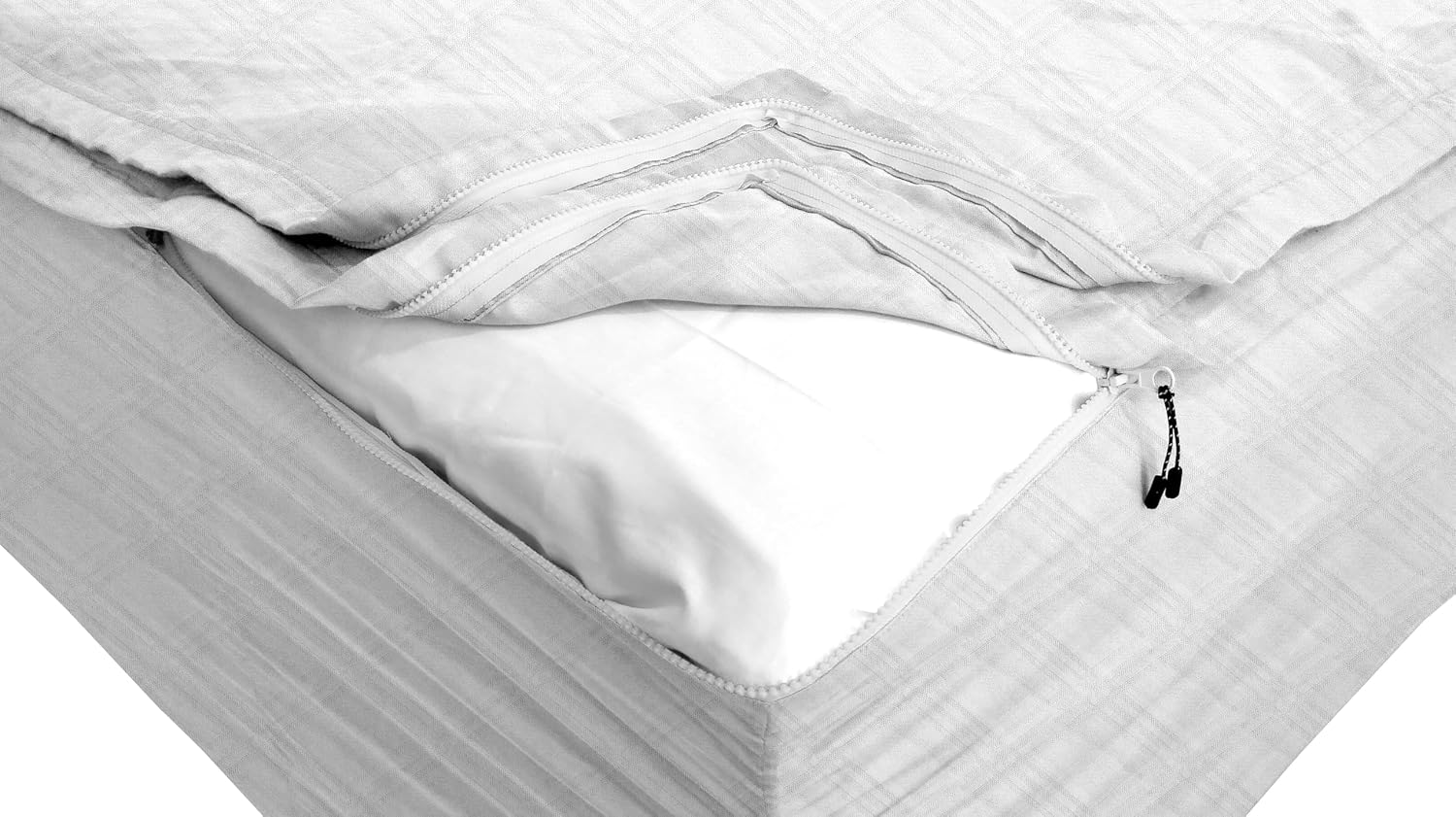 Check Grid Plaid Zipper Fitted Sheet - Includes 1 Fitted Sheet Base & 2 Zip-On Sheets - Upto 16' in. Deep Pockets Queen Size Zipper Fitted Sheet - Easy to Change, Cotton 600 TC - Grid Plaid White