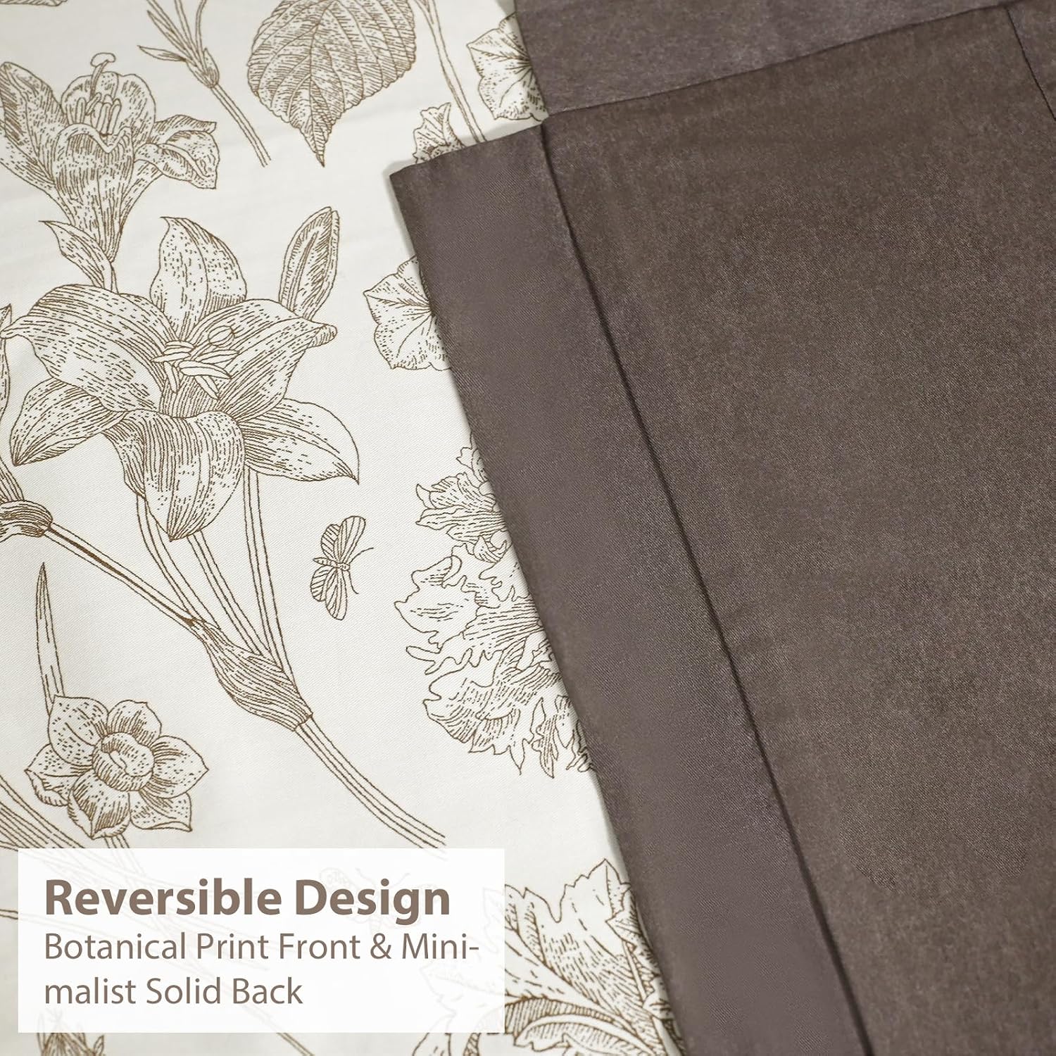 100% Cotton Botanical Duvet Cover Queen Size, Reversible Floral Bedding Set, Soft Breathable Brushed Cotton Vintage Cottagecore Neutral Duvet Cover with Zipper, All Season (Brown, 90'x90')