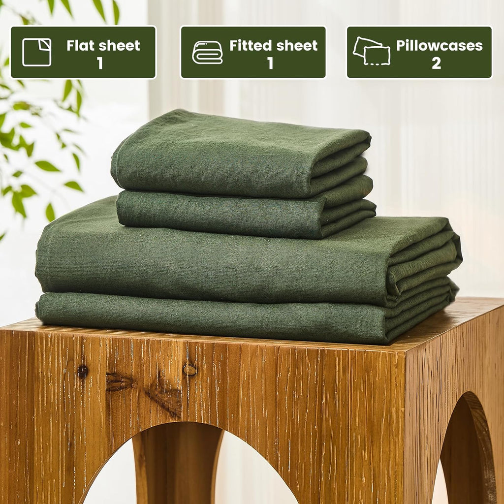 Bedlifes 100% French Pure Linen Sheets Queen Size Breathable and Cooling Flax Sheet Set Soft Durable and Moisture Wicking 16 Inch Deep Pocket-4 Piece(Queen,Forest Green)