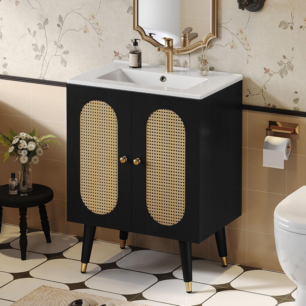 DWVO 24 Inch Rattan Vanity with Sink, Small Freestanding Bathroom Vanity Cabinet, Boho Style with 2 Large Soft-Closing Doors & Four-Sided Water Barrier Strip, Black