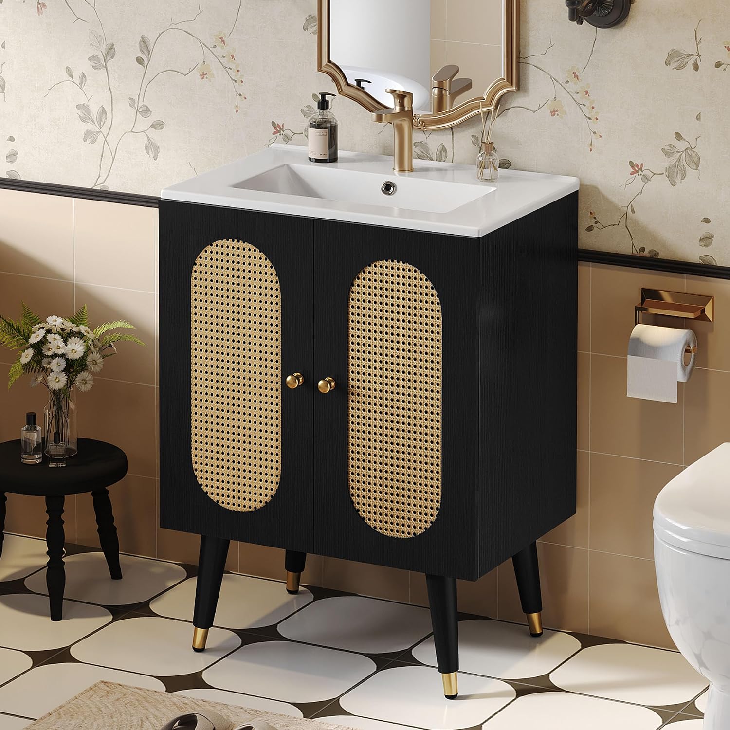 DWVO 24 Inch Rattan Vanity with Sink, Small Freestanding Bathroom Vanity Cabinet, Boho Style with 2 Large Soft-Closing Doors & Four-Sided Water Barrier Strip, Black