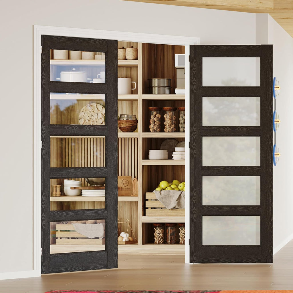 French Doors, 64' x 80', 5-Lite Clear Glass Black Pantry Door, Prehung Interior Door for Home and Laundry, Solid Core & MDF with Door Jamb & Hardware Kit - Easy to Install