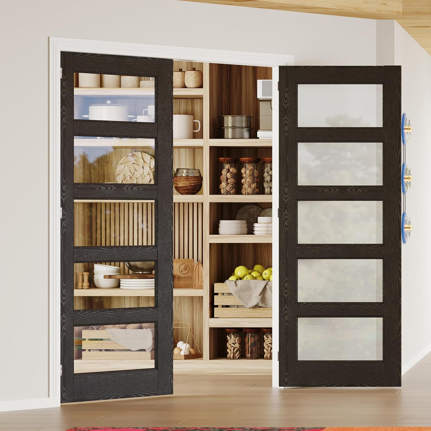 French Doors, 64' x 80', 5-Lite Clear Glass Black Pantry Door, Prehung Interior Door for Home and Laundry, Solid Core & MDF with Door Jamb & Hardware Kit - Easy to Install