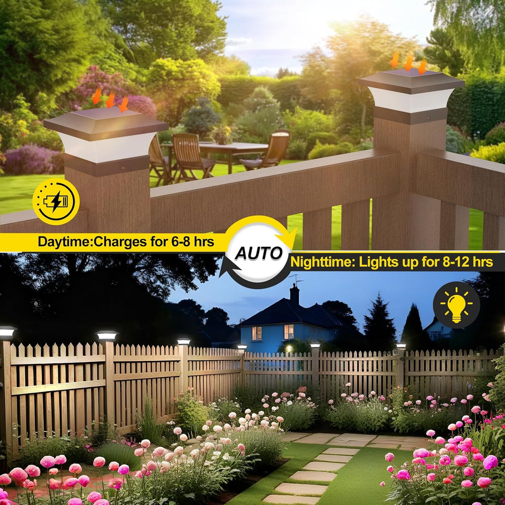 T-SUN Solar Post Lights, 12 Pack Waterproof Outdoor Solar Post Cap Lights for 4X4 Wooden Posts, 6000K Cool White LED Lighting, Deck, Patio Garden Decor or Fence