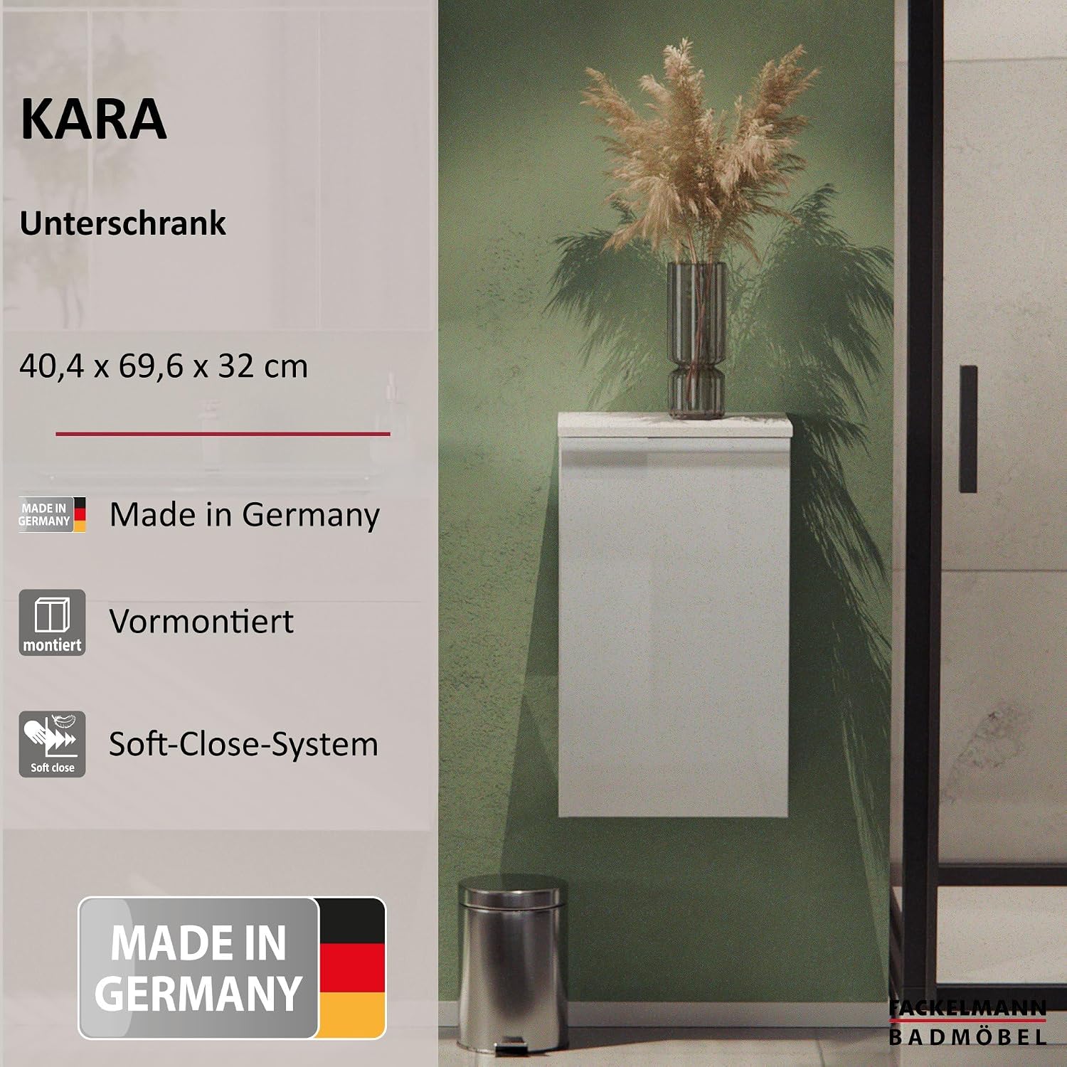 FACKELMANN Kara Bathroom Cabinet with Soft-Close System Dimensions (W x H x D): Approx. 41 x 70 x 32 cm Bathroom Cabinet/Door Hinge Left/Body: Matte White/Front: Lacquered Glass