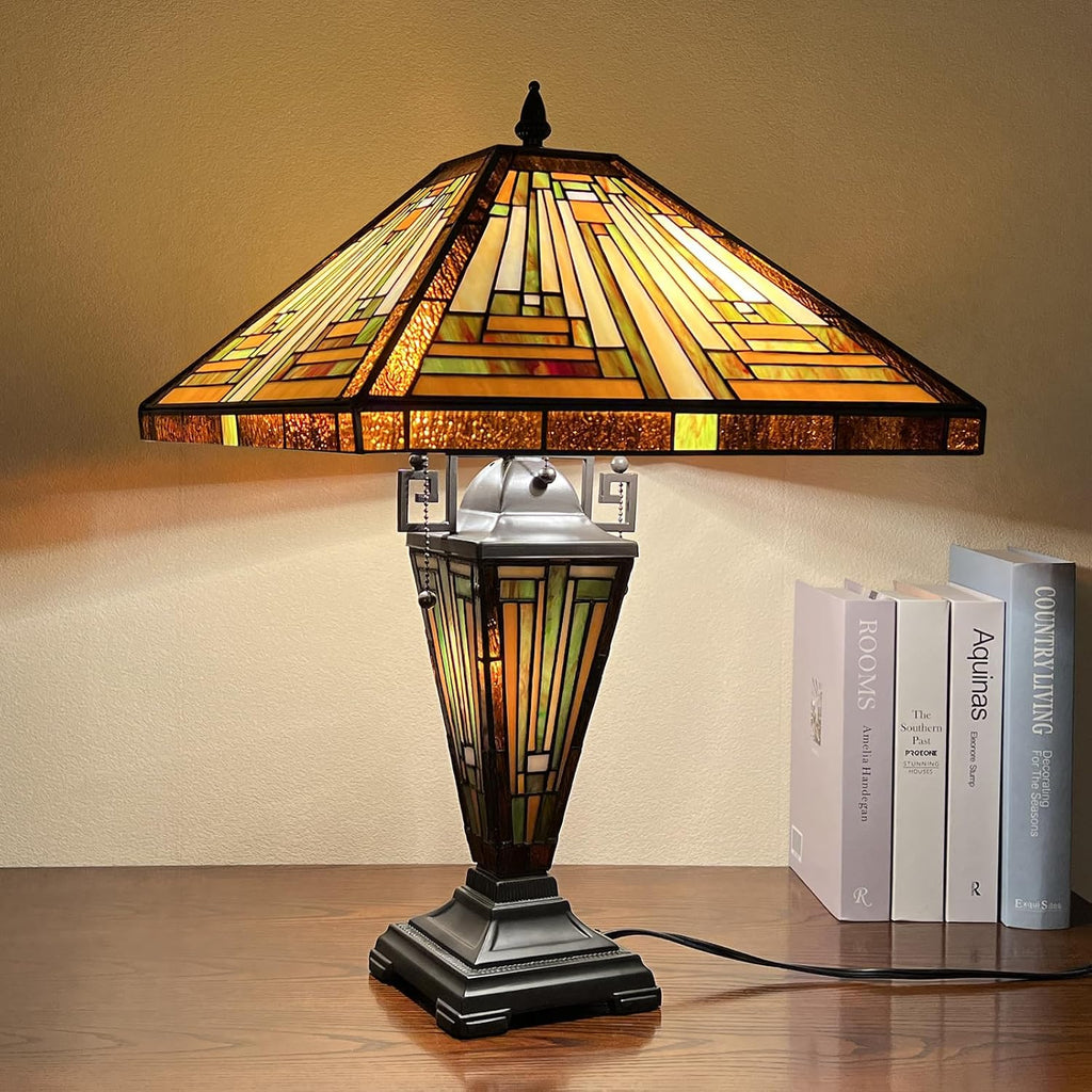 Capulina Tiffany Lamp Stained Glass Table Lamp 16X16X24 Inches Mother-Daughter Vase Amber Brown Mission Tiffany Style Desk Reading Lamp for Living Room Bedroom Study Home Office