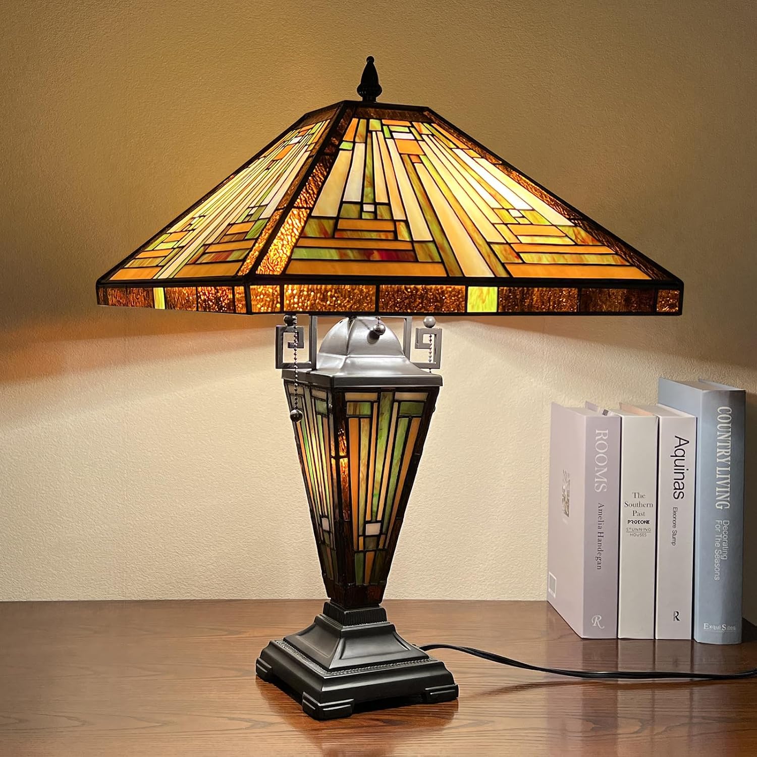 Capulina Tiffany Lamp Stained Glass Table Lamp 16X16X24 Inches Mother-Daughter Vase Amber Brown Mission Tiffany Style Desk Reading Lamp for Living Room Bedroom Study Home Office