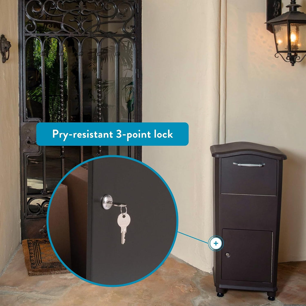 Architectural Mailboxes Elephantrunk® Package Delivery Box for Outside, Extra Large Lockable with Hopper Door, Heavy Duty Aluminum, Anti-Theft Baffle Porch Pirate Protection, Rubbed Bronze