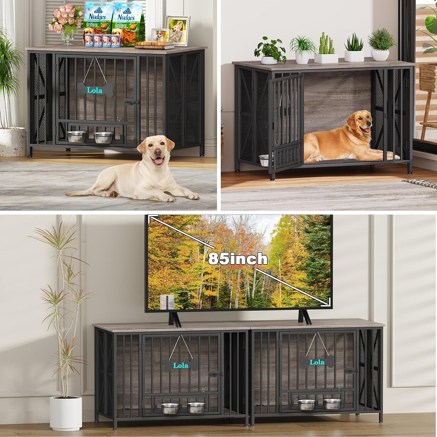 EasyCom Foldable Dog Crate Furniture, 41.3' Dog Crates for Medium/Large Dogs, Wooden Dog Kennel Indoor with Tag & Adjustable Bowls, Dog Cage Use as End Table/TV Stand, Oak Grey