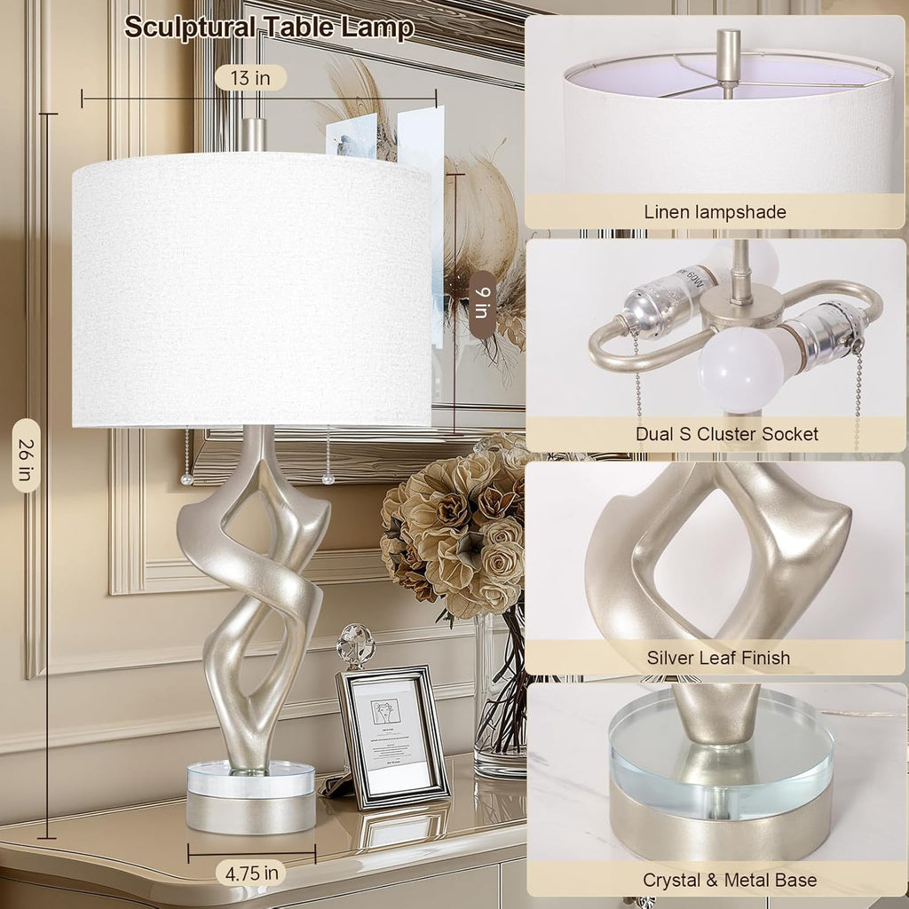 Scenekoy Sculptural Resin Table Lamp Set of 2 with USB Ports for Bedroom Living Room, 26' Antique Silver Leaf Dual Pull Chains Bedside Lamps, Nightstand Lamp for Home Room Decor (Bulbs Included)