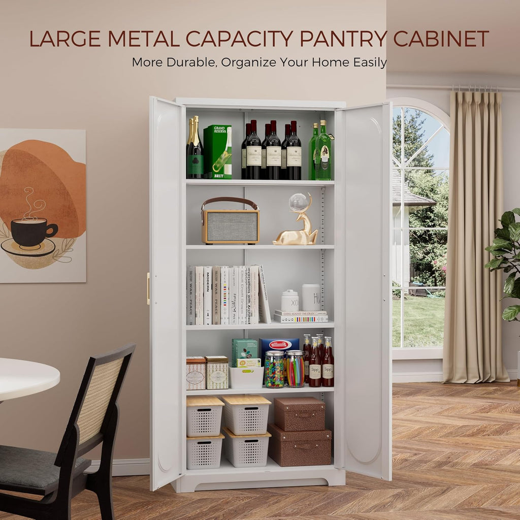 71' White Pantry Cabinet with Doors, Tall Metal Kitchen Pantry Storage Cabinet with 4 Adjustable Shelves and Gold Handles, Cupboard for Laundry, Dining Room, Living Room, Bathroom