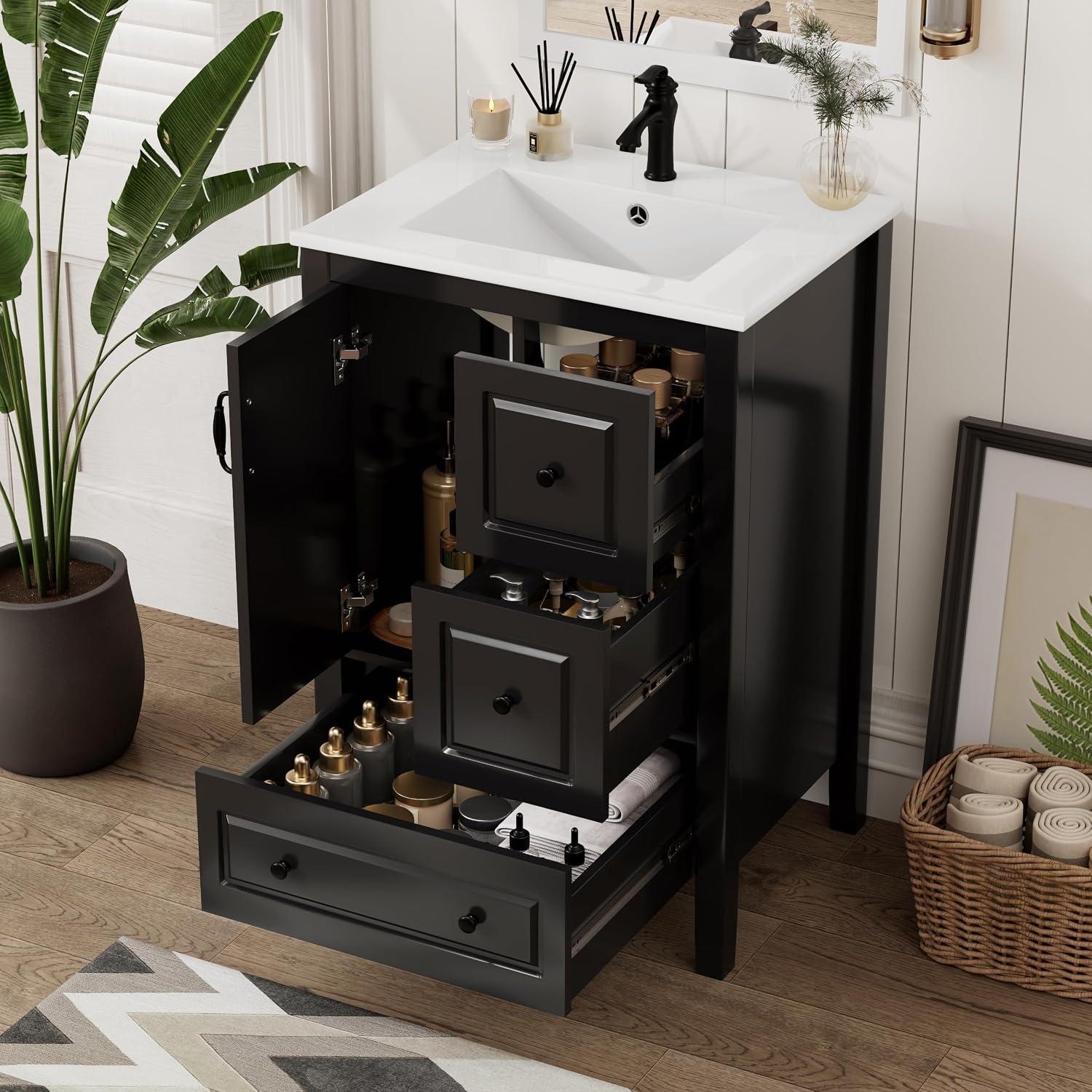 Harper & Bright Designs 24' Bathroom Vanity with Sink, Free Standing Single Vanity Set with 3 Drawers and One Door, Solid Wood Storage Cabinet with Ceramic Basin for Bathroom, Black