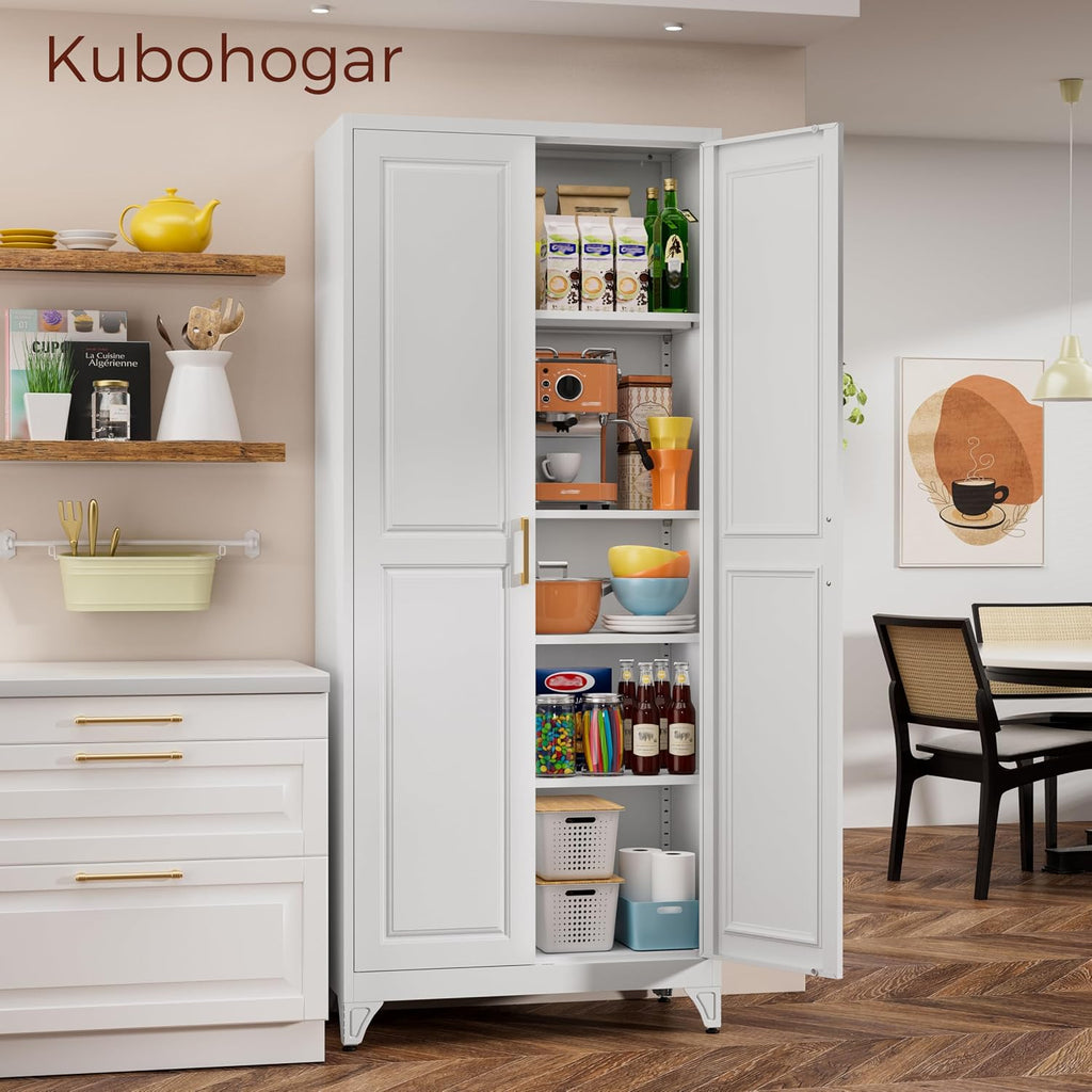 75' Kitchen Pantry Cabinet, White Metal Storage Cabinets with 2 Doors and 4 Adjustable Shelves, Tall Pantry Storage Cabinet for Kitchen, Dining Room, Living Room