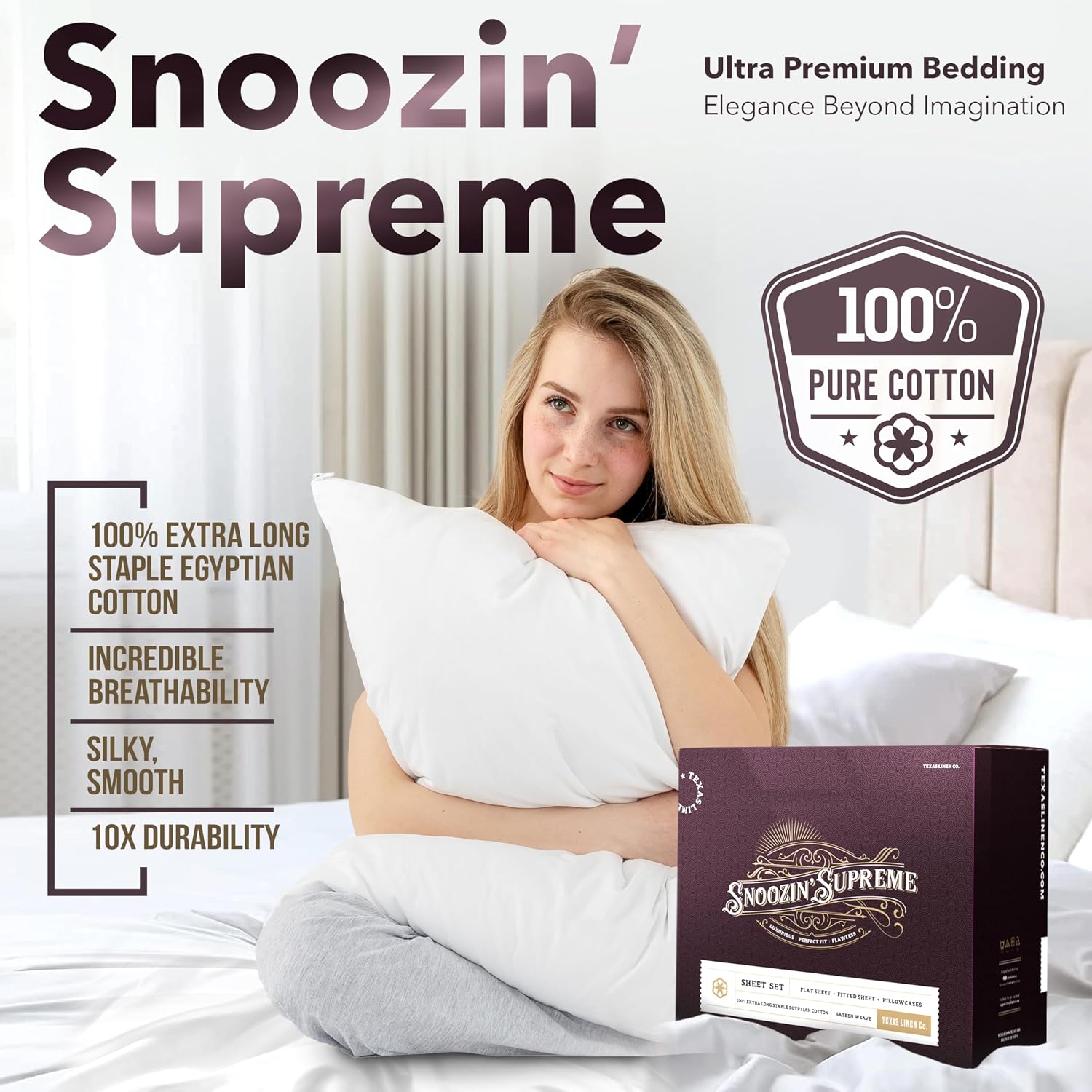 TEXAS LINEN CO. 100% Egyptian Cotton Sheets King Size - Snoozin' Supreme Collection 2000 Series Luxury King Bed Sheet Set, Cooling Sateen Weave, 17' Extra Deep Pocket Hotel Sheets (4 Pc, White)