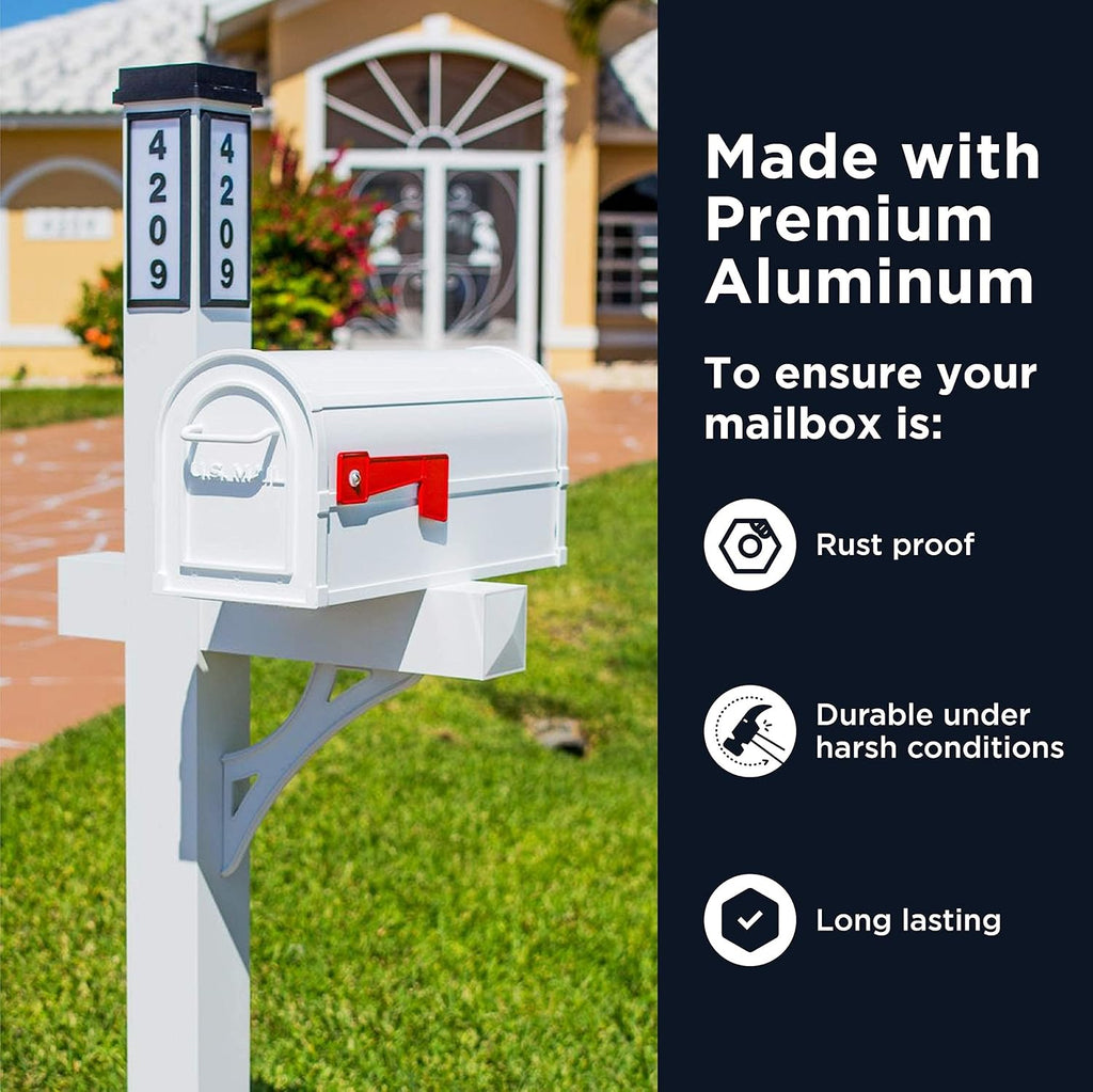 Brightlight Mailbox, Two Door Premium Aluminum Mailbox and Post with Solar Address Light, Illuminated House Numbers for Easy Navigation, Decorative Mailbox with Magnetic Door Latch (White)