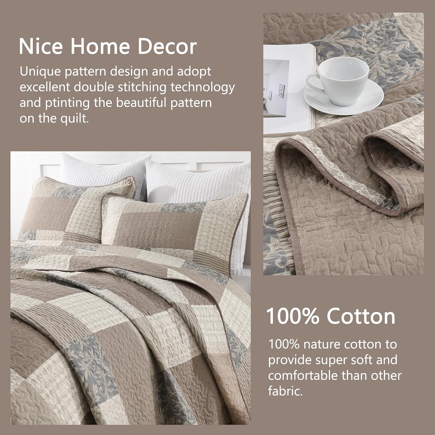 Finlonte 100% Cotton Quilt Set, Plaid Reversible Lightweight Quilted Bedspreads, 3-Piece, Gray/Brown/Beige, Queen Size