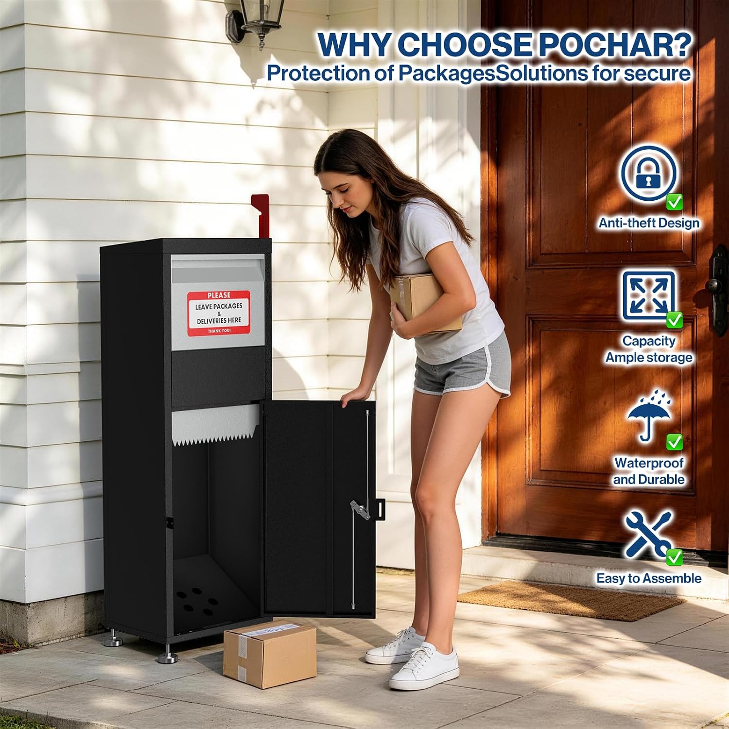 Pochar Package Delivery Boxes for Outside- Secure Parcel Drop Box with Combination & Key Lock - Anti-Theft Outdoor Package Drop Box for Porch Home Office, 15' x 11.25' x 45.25'