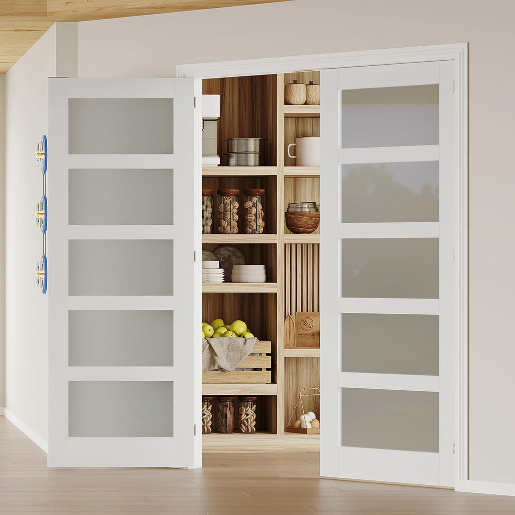 Prehung French Doors, 5-Lite Frosted Glass Pantry Door, 60' x 80' Interior Door for Home and Laundry, Solid Core & MDF with Prehung Door Jamb & Hardware Kit - Easy to Install