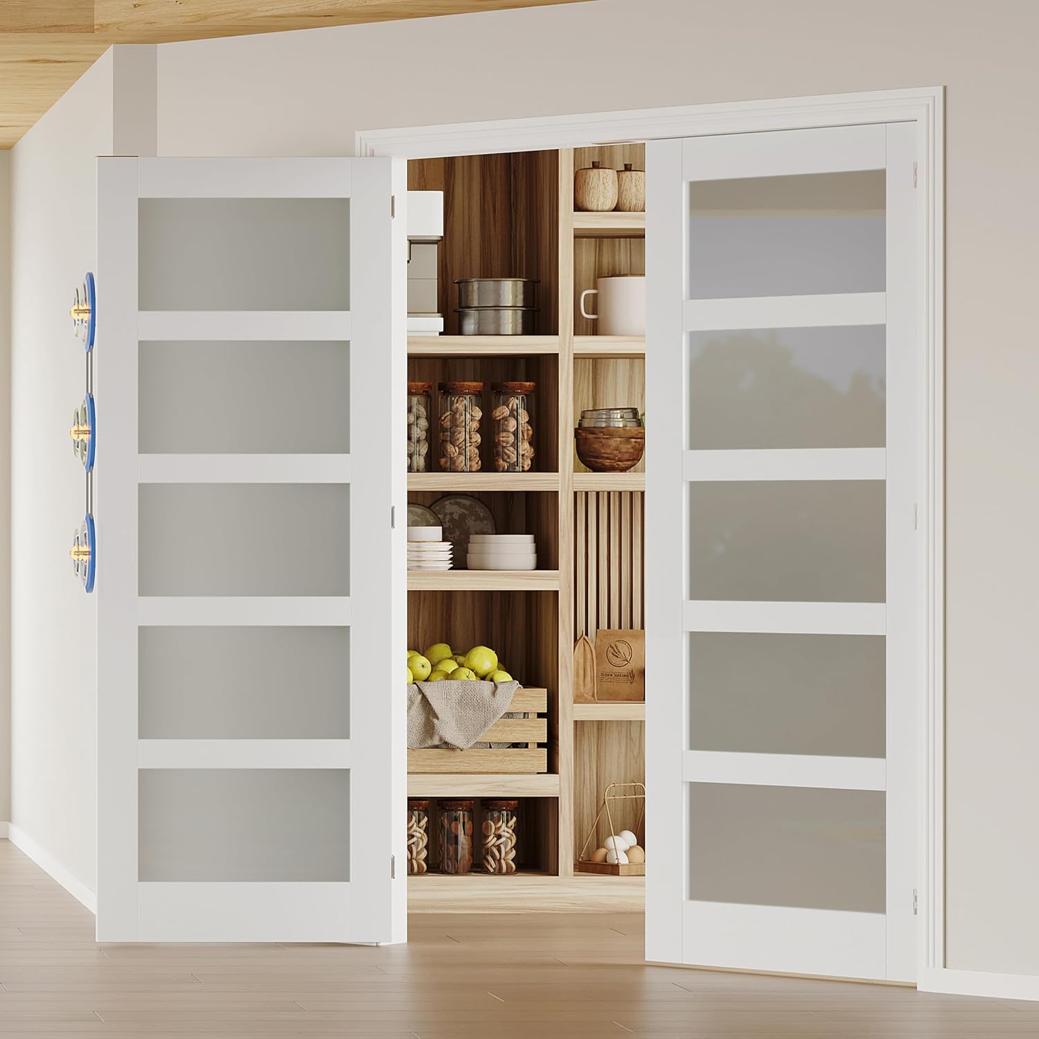 Prehung French Doors, 5-Lite Frosted Glass Pantry Door, 60' x 80' Interior Door for Home and Laundry, Solid Core & MDF with Prehung Door Jamb & Hardware Kit - Easy to Install