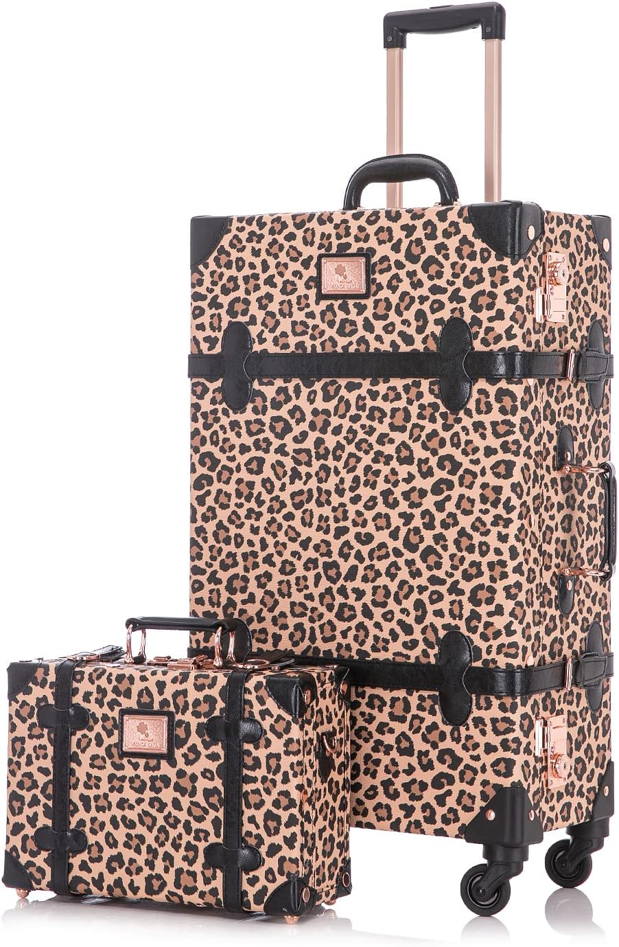 Unitravel 2 Piece Vintage Suitcase Set, 26' Women Cute Travel Luggage with 12' Handbag, Hardside Faux Leather Spinner Trunk with TSA Lock (Leopard)