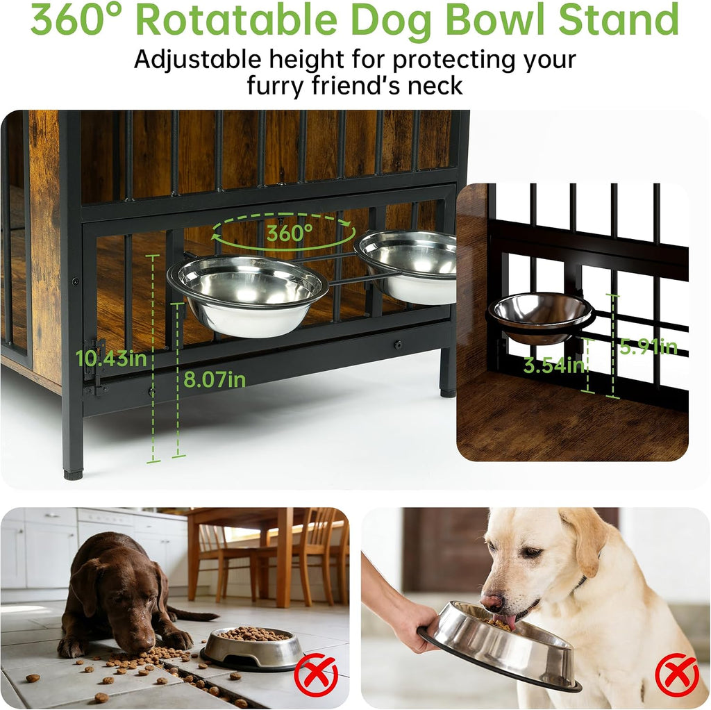 Real Relax 78' Large Dog Crate Furniture for 1 or 2 Dogs with with Rotating Dog Bowl Rack, Heavy Duty Dog Kennel Furniture for Small/Medium Dogs with 4 Bowls, Dog Cage with Steel Frame, Brown