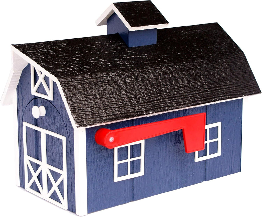 Deluxe Wooden Mailbox, Dutch Barn Style (Navy Blue with White Trim)