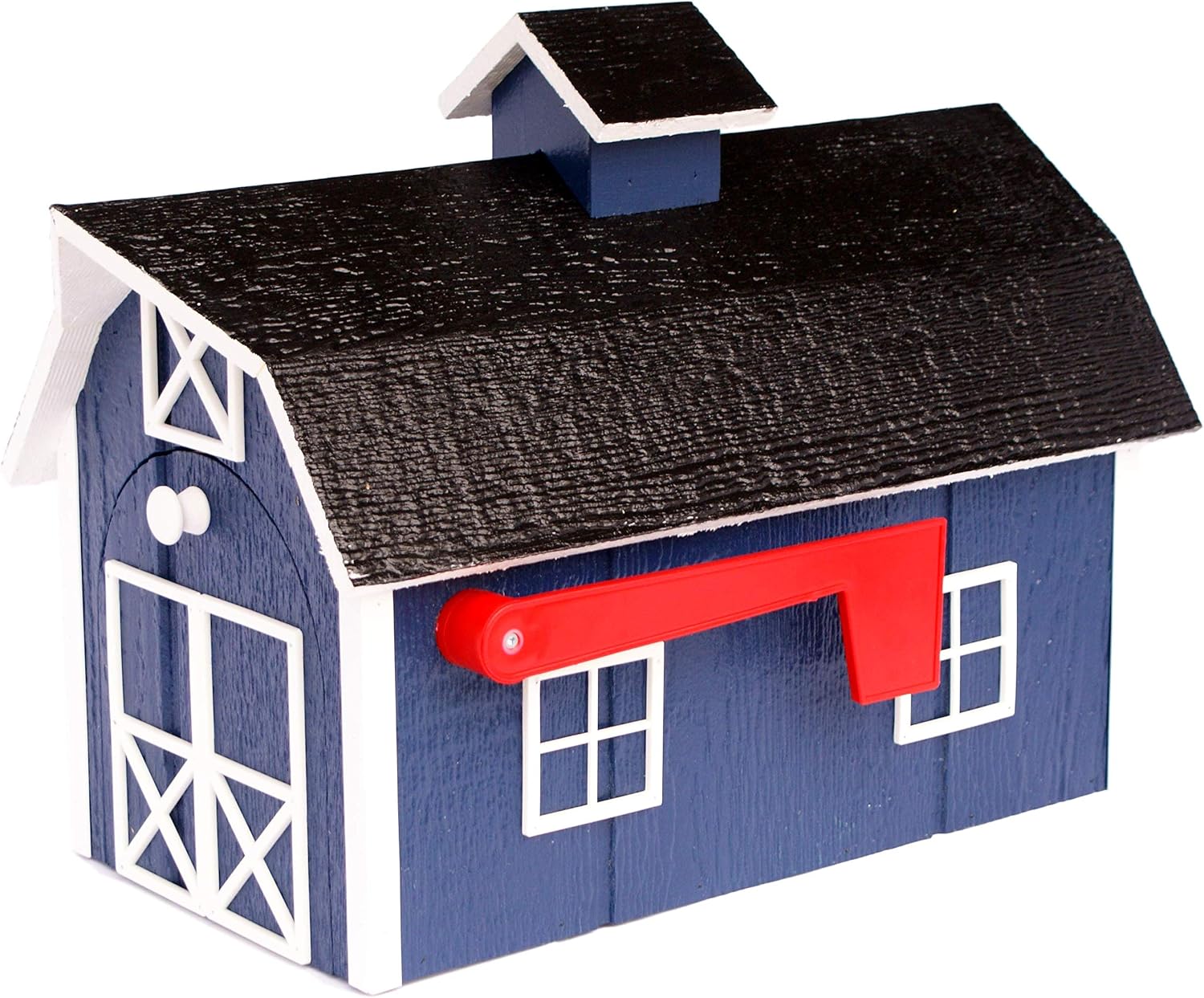 Deluxe Wooden Mailbox, Dutch Barn Style (Navy Blue with White Trim)
