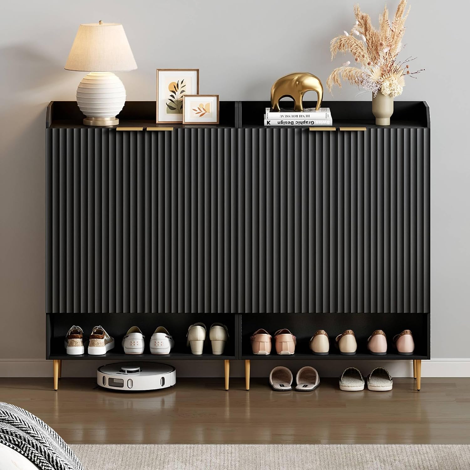 SICOTAS Shoe Cabinet with Fluted Doors - 28-Pair Large Shoe Storage Cabinet, 50.7' Tall 7-Tier Entryway Shoe Cabinet Storage with Adjustable Shelves for Entryway Hallway Living Room Front Door, Black