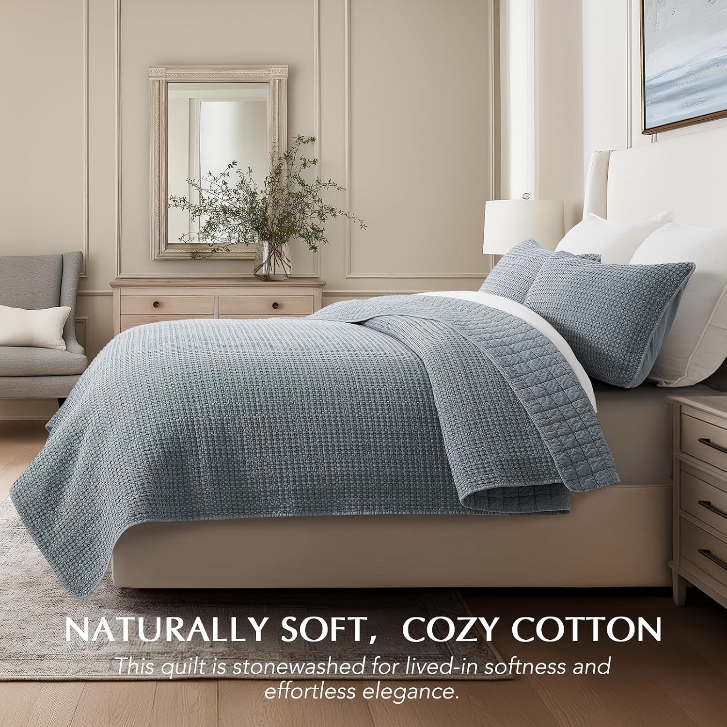 EverGrace Stonewashed 100% Natural Cotton Waffle Quilt Set King Size 3 Pieces, Soft, Breathable & Substantial Bedding, Quilted Coverlet Bedspread with 2 Shams for All Seasons, Blue Linen