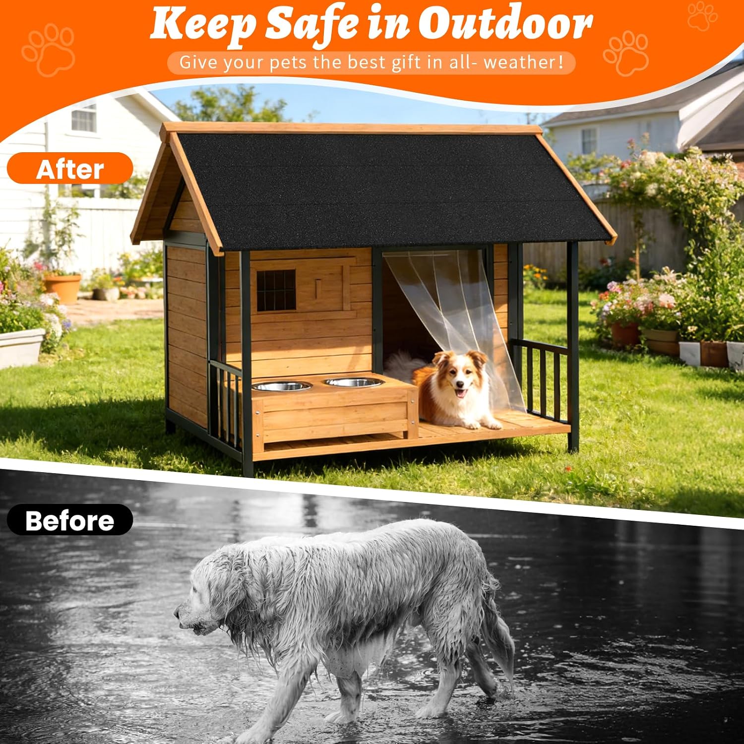 51'' Dog House with Dog Bowls Stand, Large Outdoor Dog House Kennel with Weatherproof Roof, Easy to Install Anti-Bite Design Dog Home for Outside Small Medium Large Dogs(Brown)