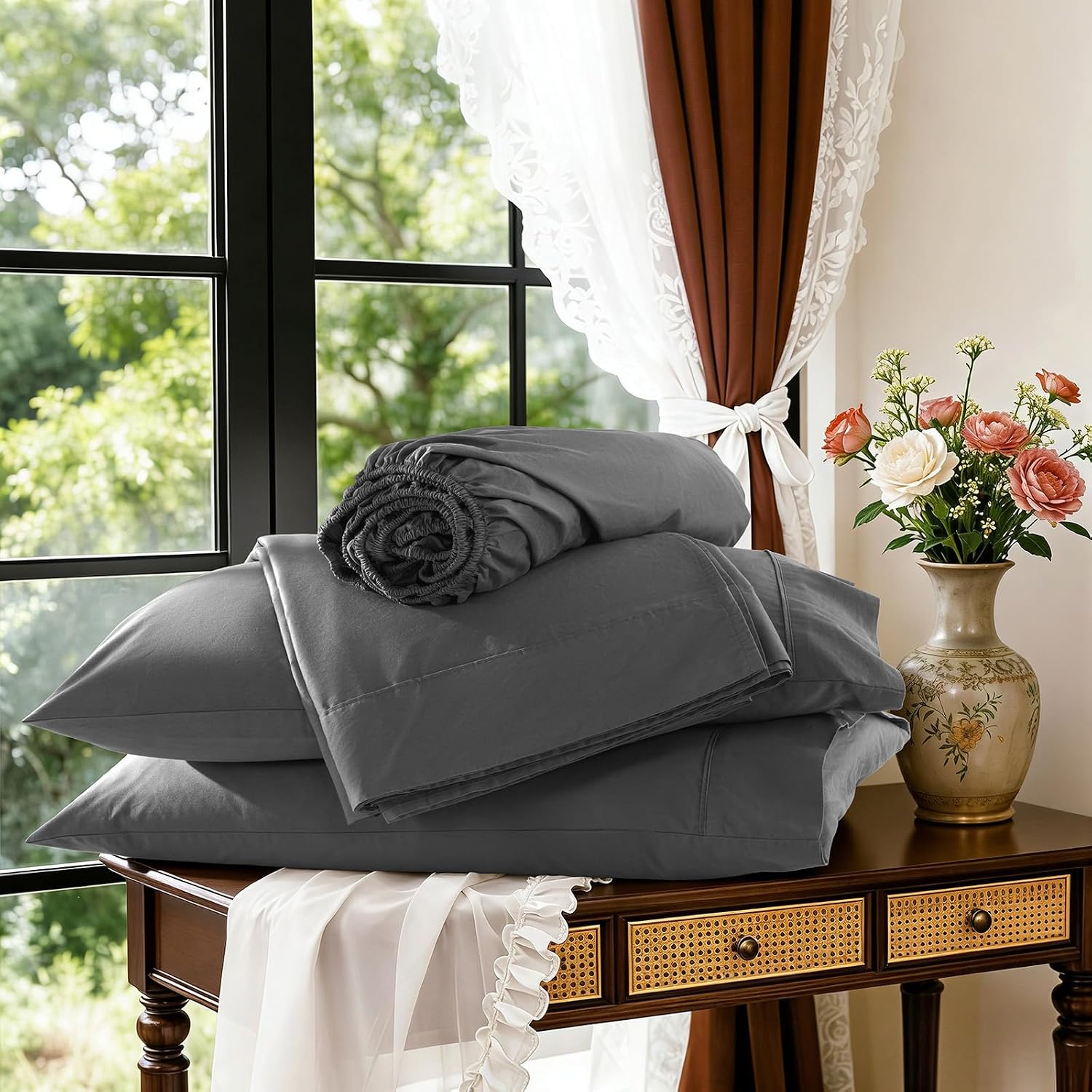 1200 Thread 100% Egyptian Cotton Sheet Sets Queen Size 4 Pcs Bedding Set, Fitted Sheet Deep Pocket Up to 16' Soft Bed Sheet for All Season (Queen, Dark Gray)