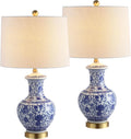 JONATHAN Y 25.25' Blue/White Ceramic Ginger Jar Table Lamp Set of 2, Traditional Brass Gold Base for Living Room Bedroom, White Linen Drum Shade, LED Bulbs Included JYL1072A-SET2