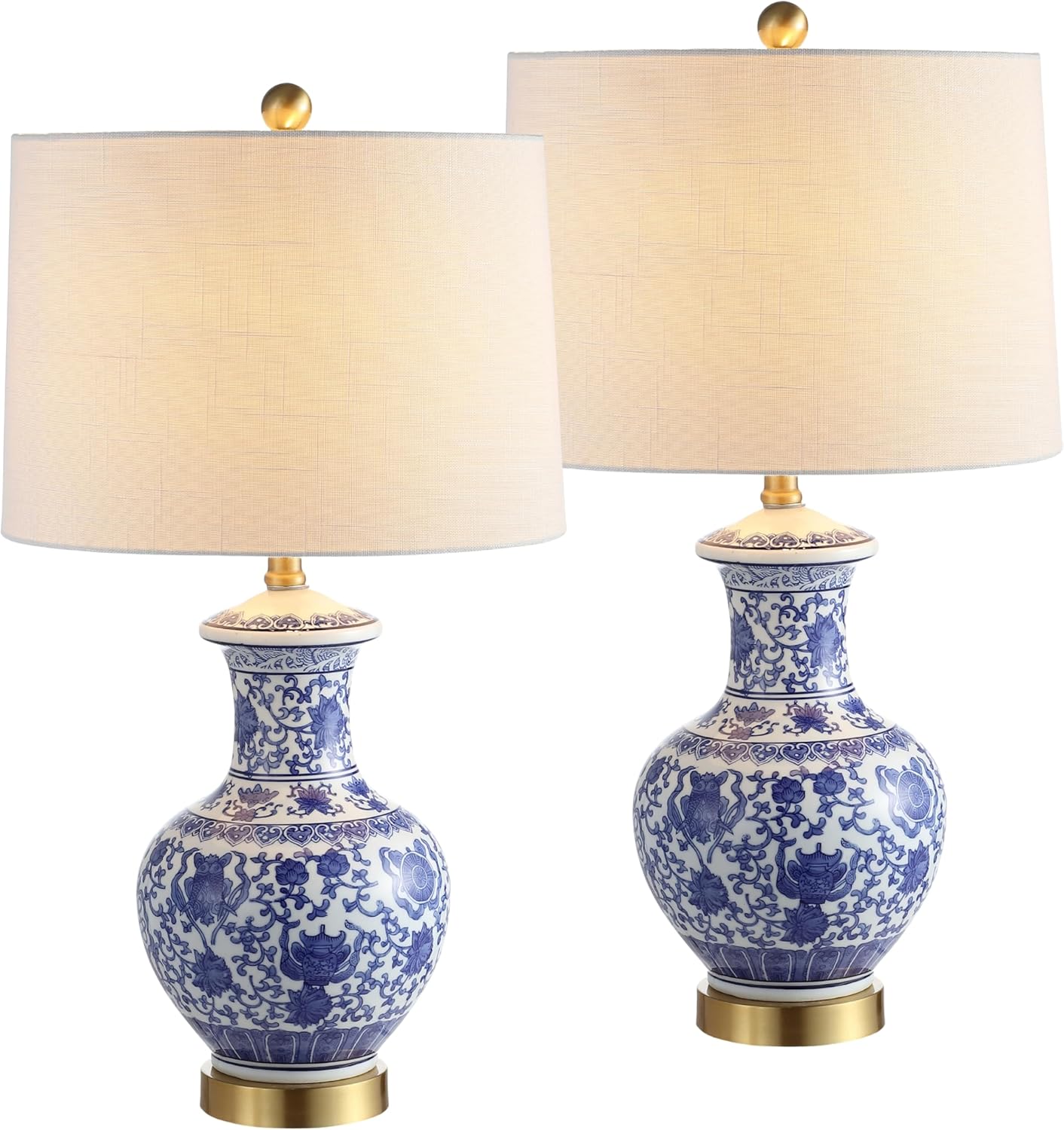 JONATHAN Y 25.25' Blue/White Ceramic Ginger Jar Table Lamp Set of 2, Traditional Brass Gold Base for Living Room Bedroom, White Linen Drum Shade, LED Bulbs Included JYL1072A-SET2