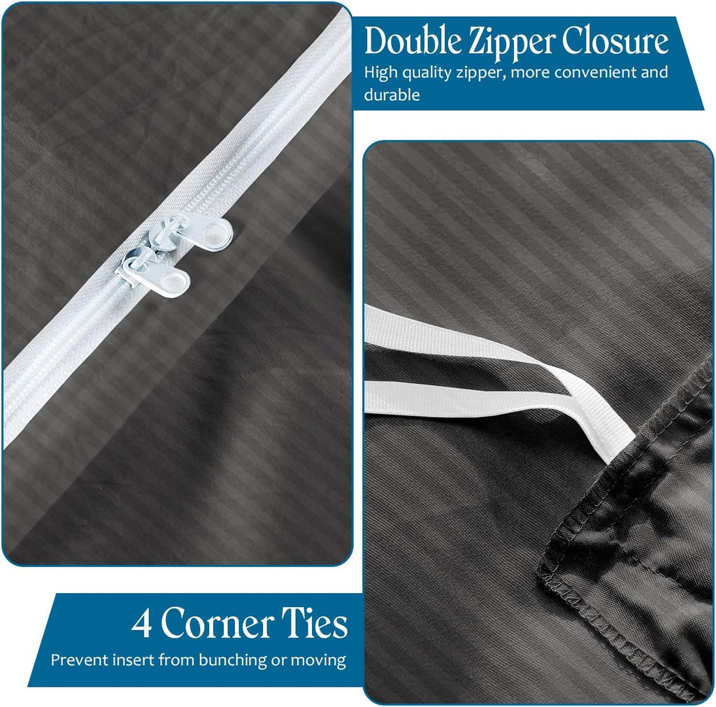 800TC 3 Sided Zipper Duvet Cover Set Soft Egyptian Cotton 3 Sided Zipper Closure, 3 PCS 1-Duvet Cover & 2- Pillow Shams - Oversize Queen Size (98' x 98') Inches, (Dark Grey Stripe)